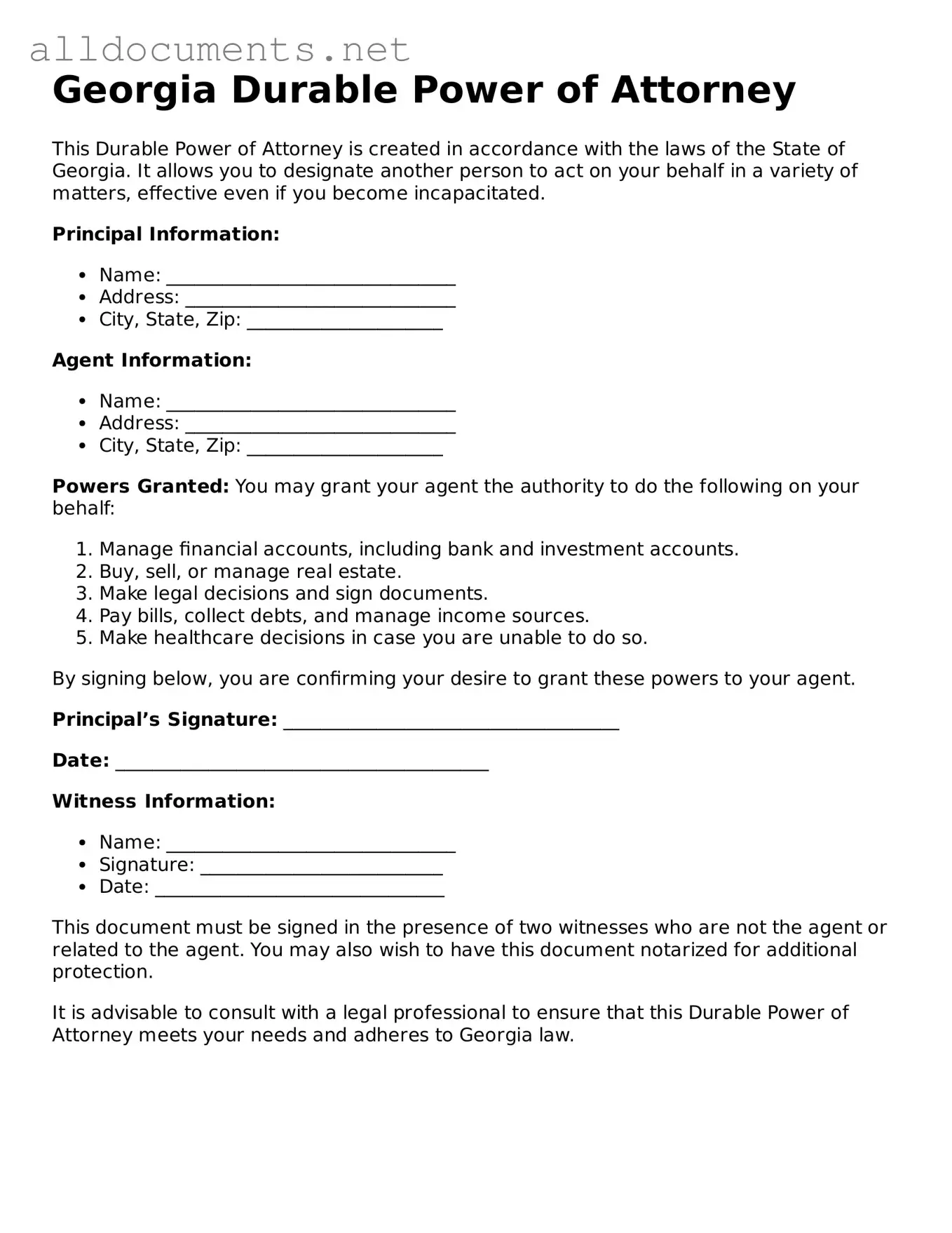 Official  Durable Power of Attorney Template for Georgia