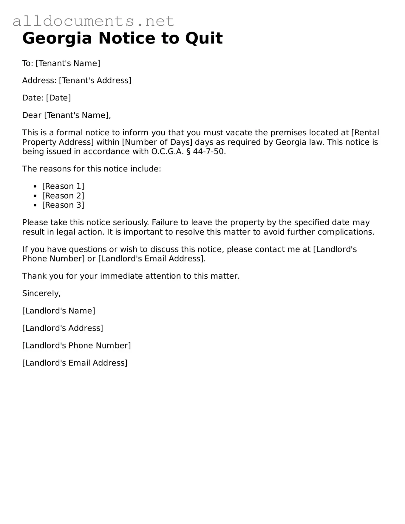 Official  Notice to Quit Template for Georgia