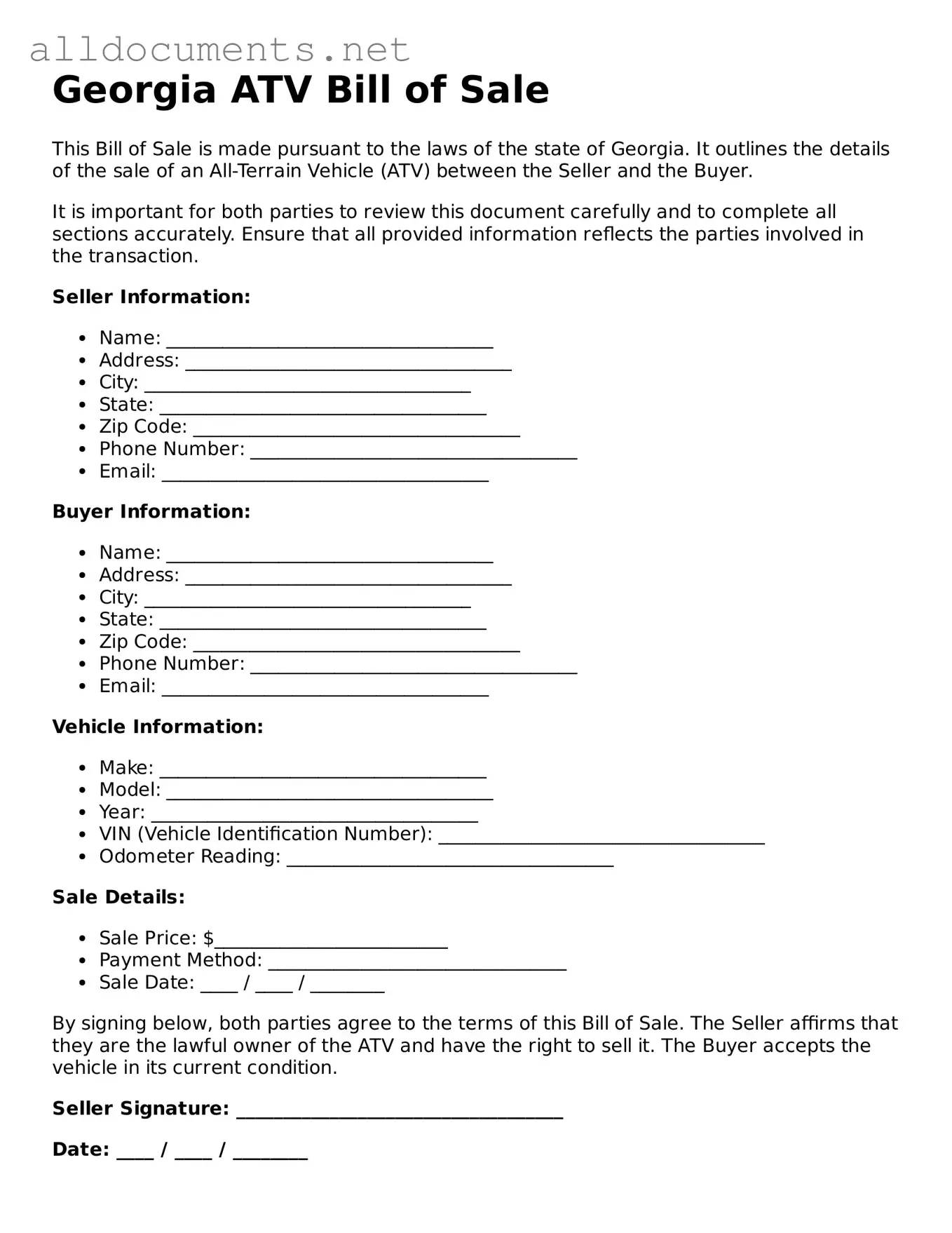 Official  ATV Bill of Sale Template for Georgia