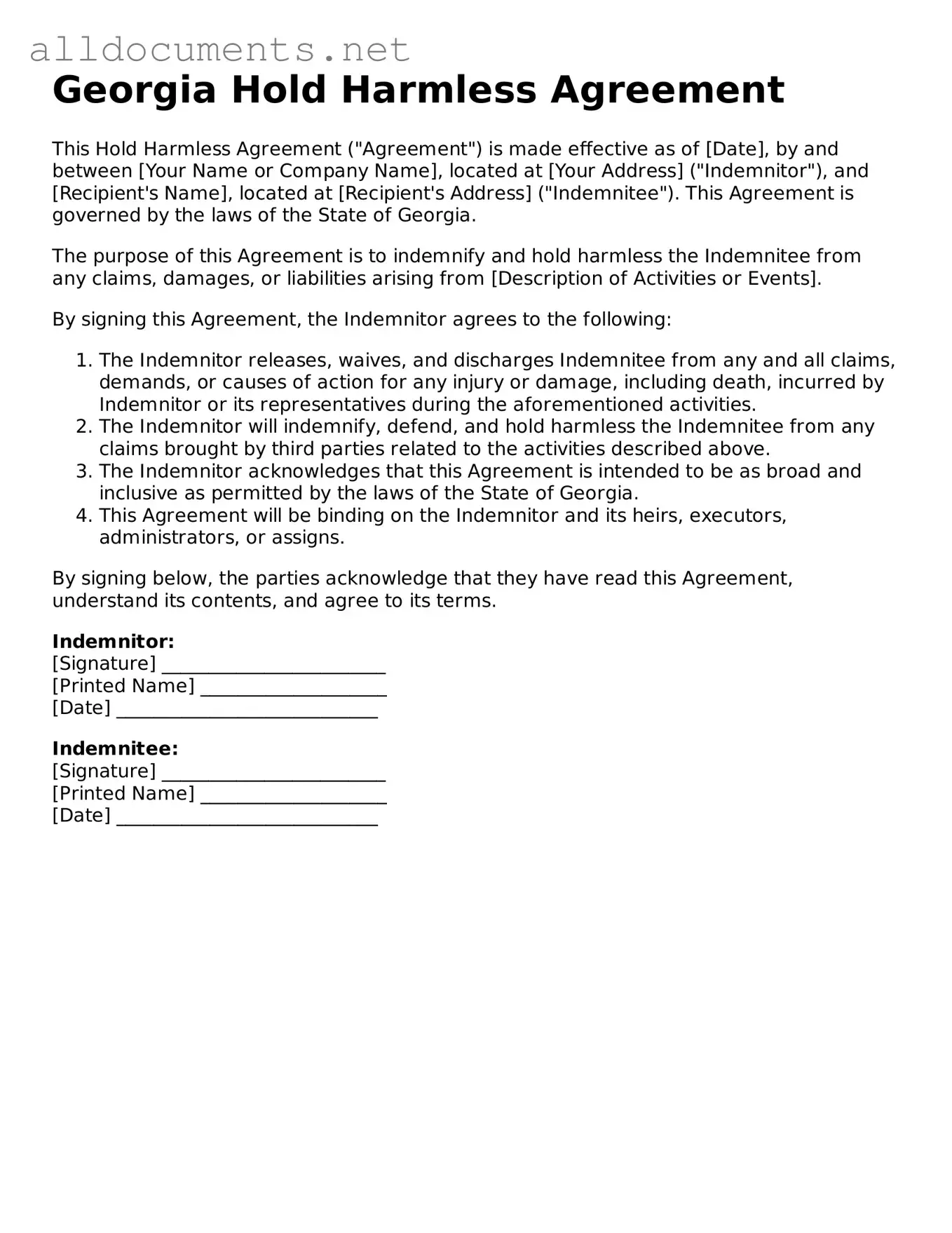 Official  Hold Harmless Agreement Template for Georgia
