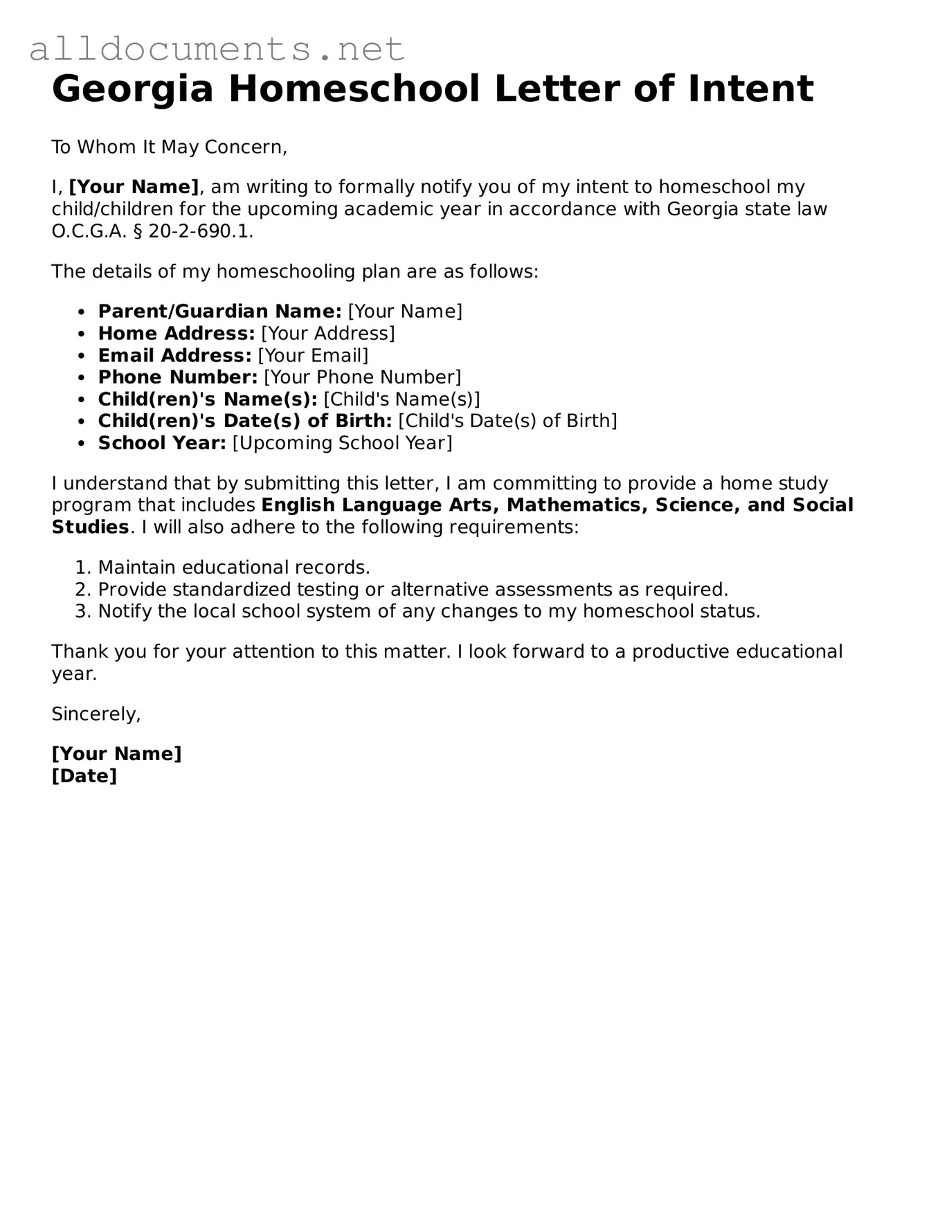 Official  Homeschool Letter of Intent Template for Georgia