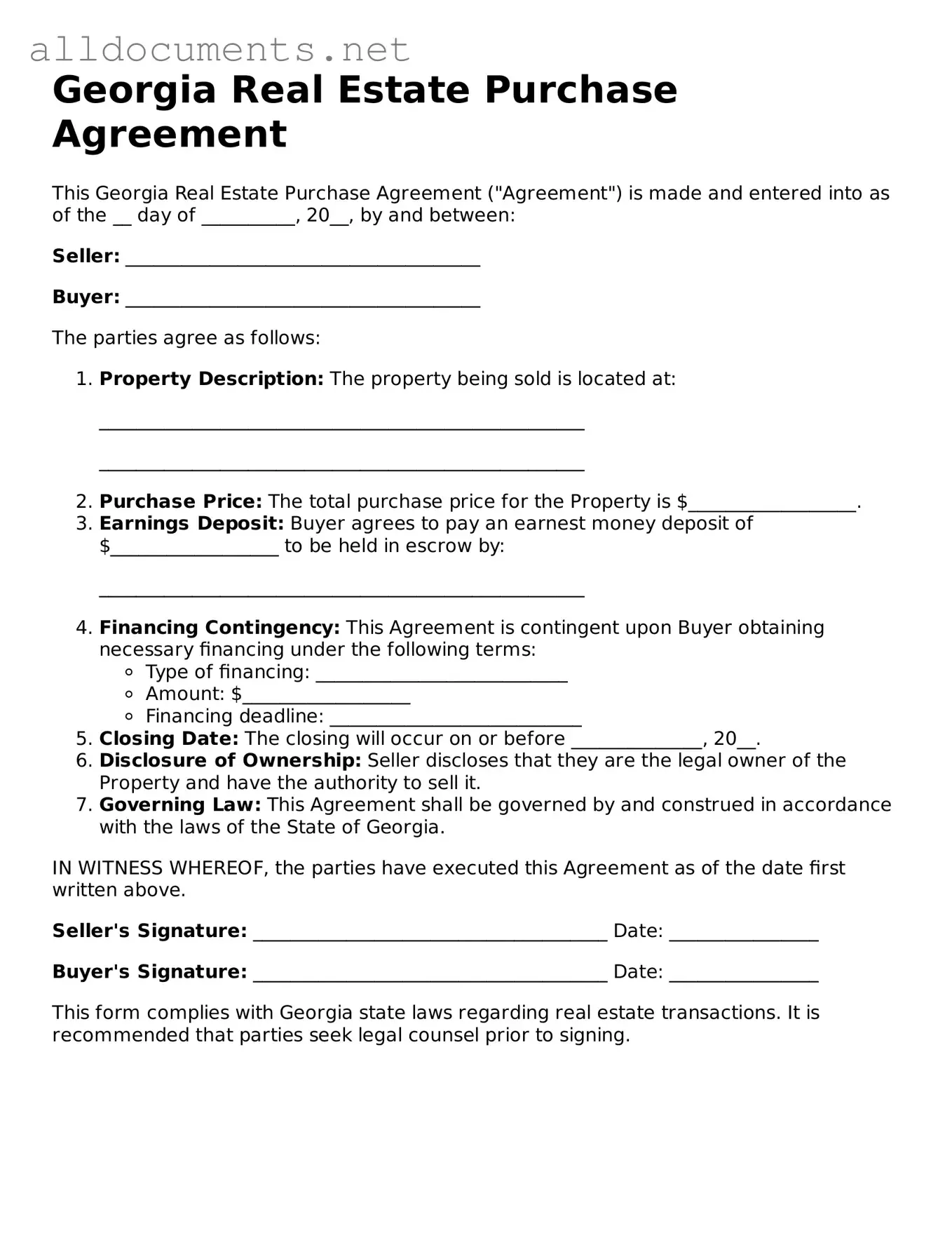 Official  Real Estate Purchase Agreement Template for Georgia