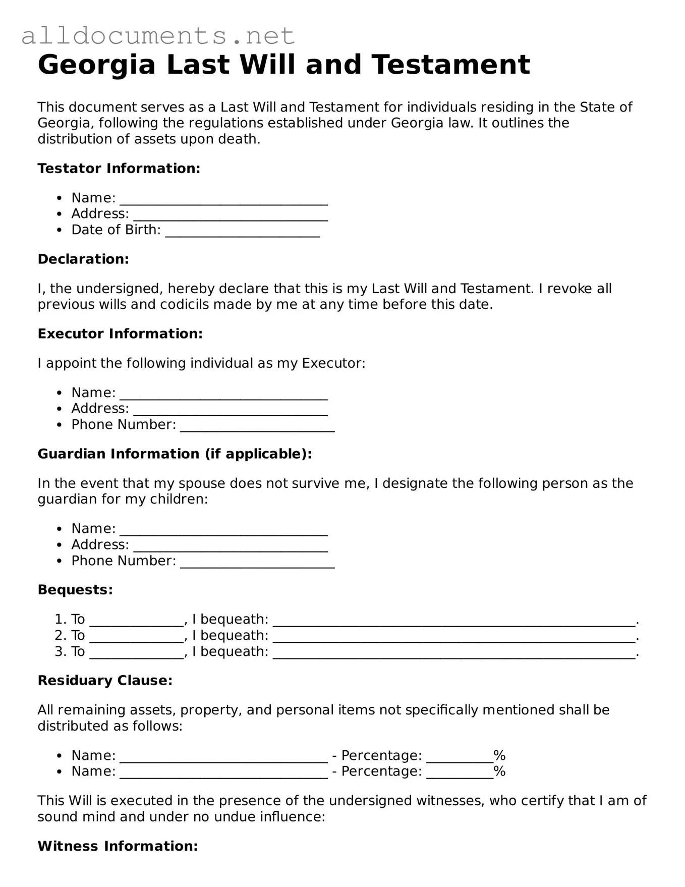 Official  Last Will and Testament Template for Georgia