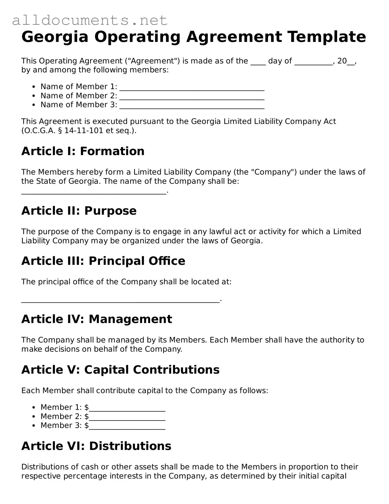 Official  Operating Agreement Template for Georgia
