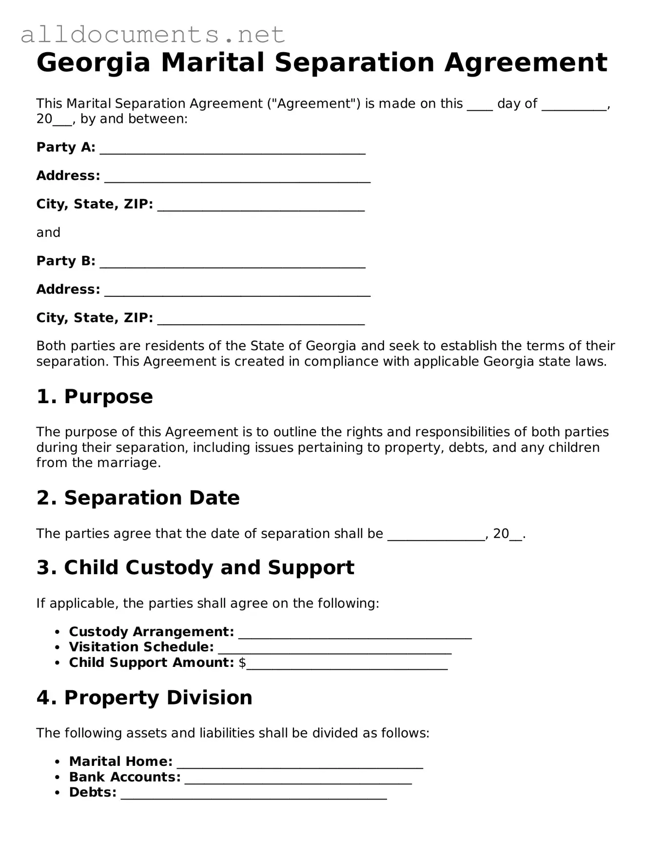 Official  Marital Separation Agreement Template for Georgia