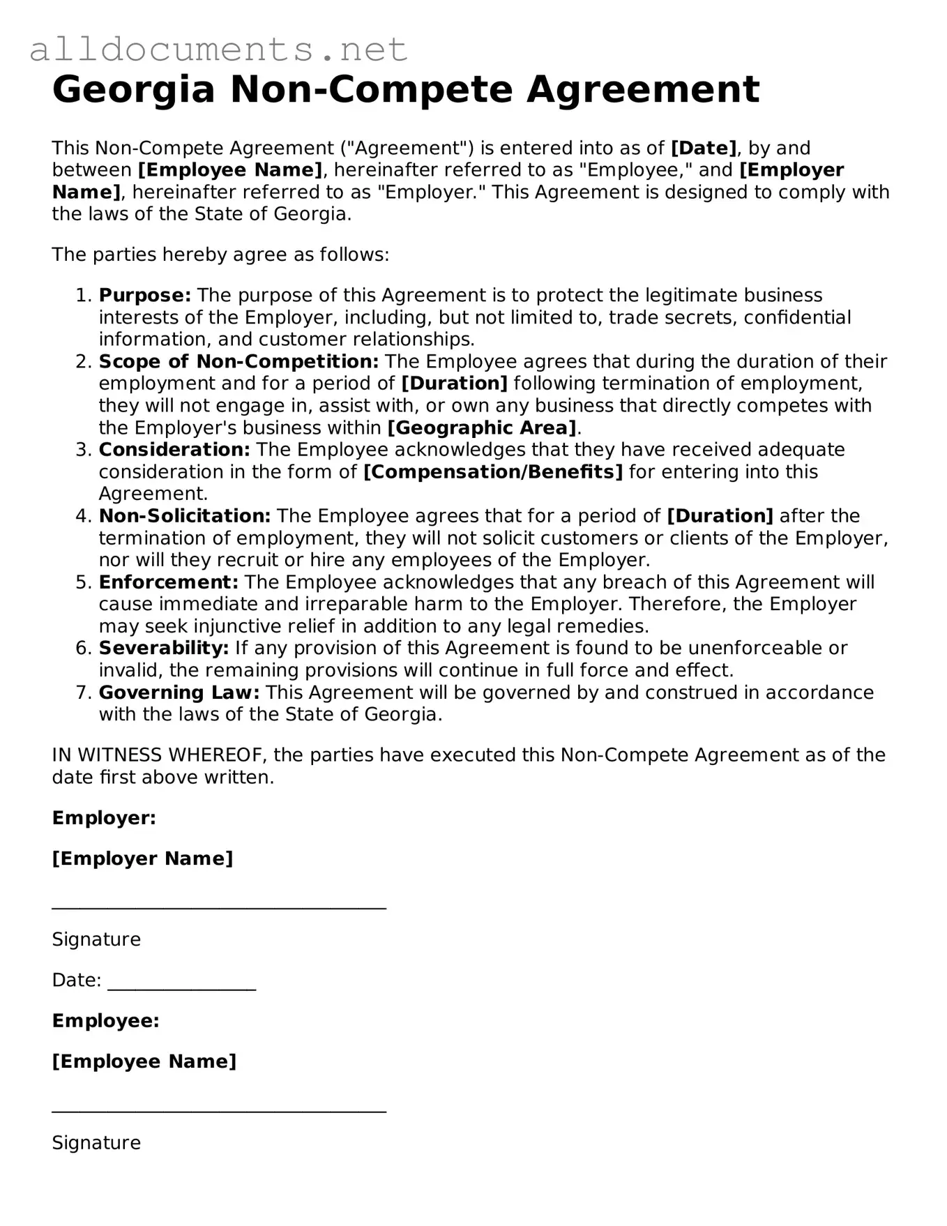 Official  Non-compete Agreement Template for Georgia