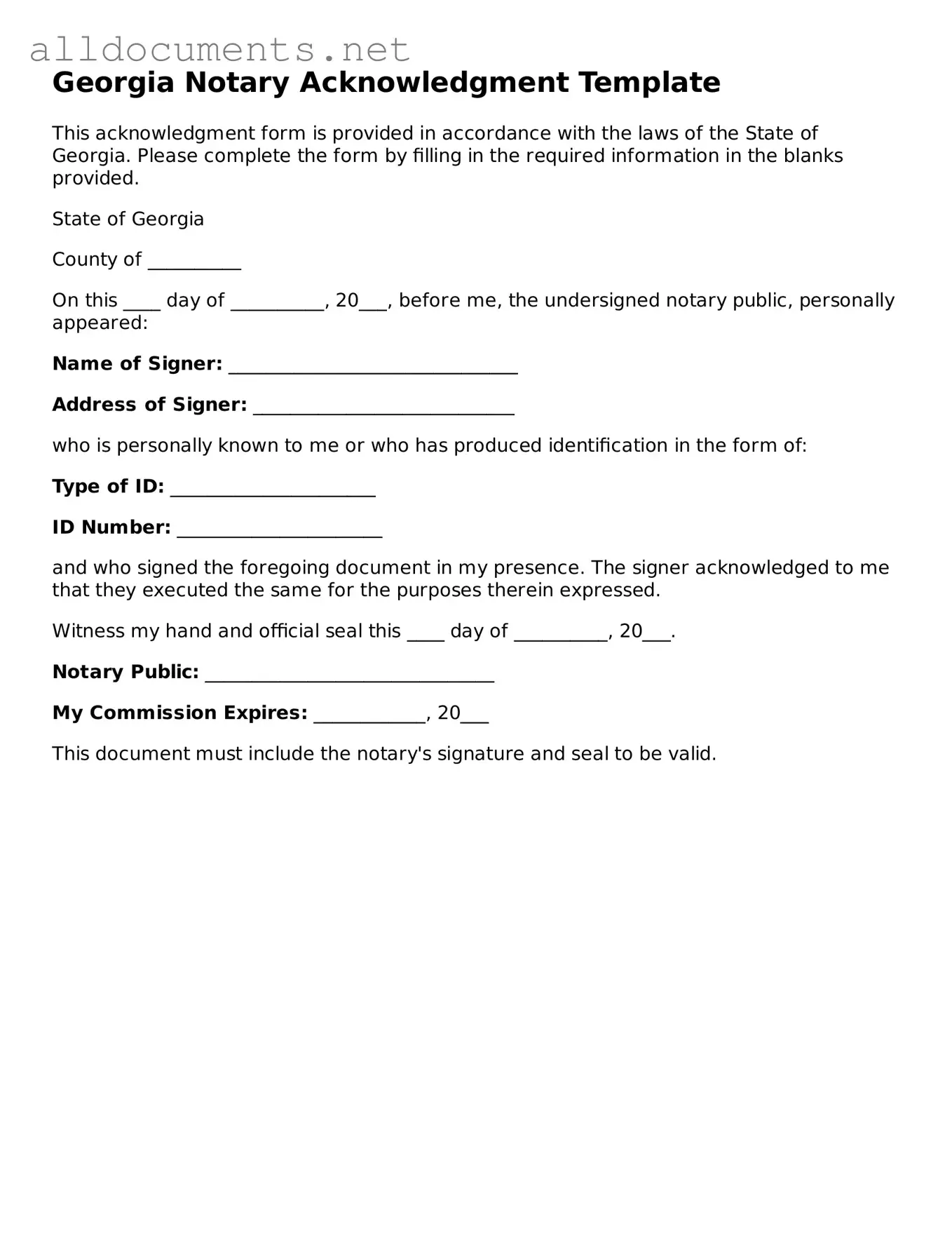 Official  Notary Acknowledgement Template for Georgia