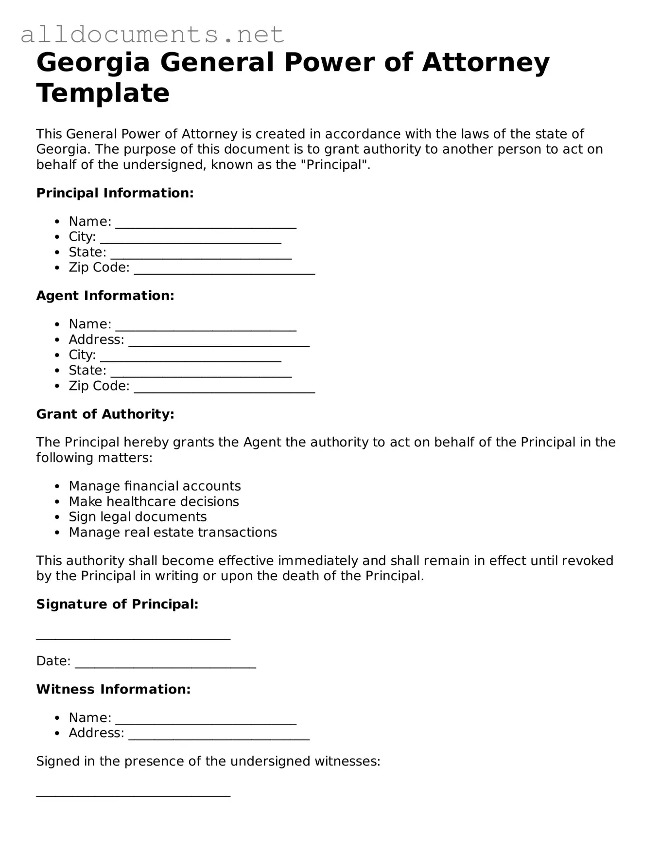 Official  Power of Attorney Template for Georgia