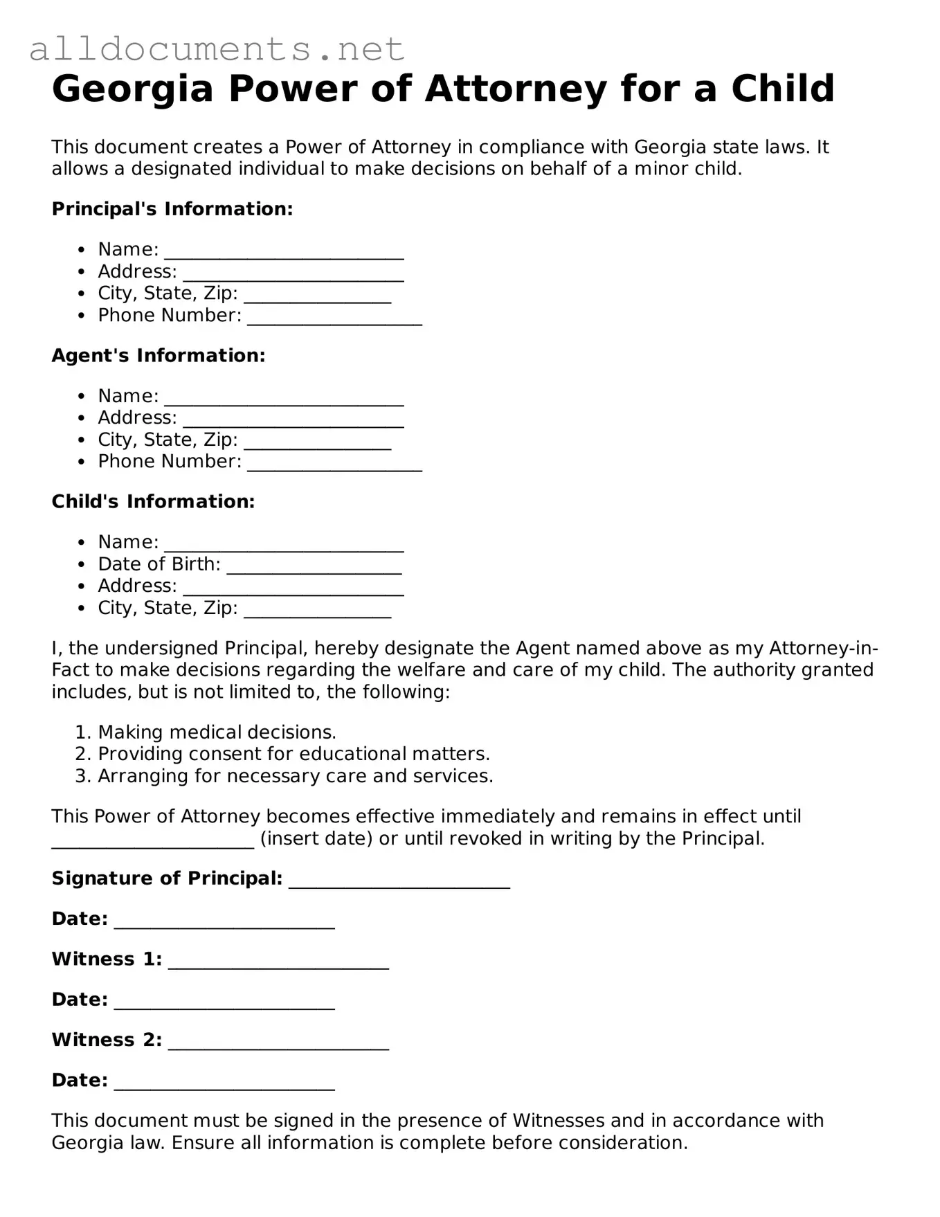 Official  Power of Attorney for a Child Template for Georgia