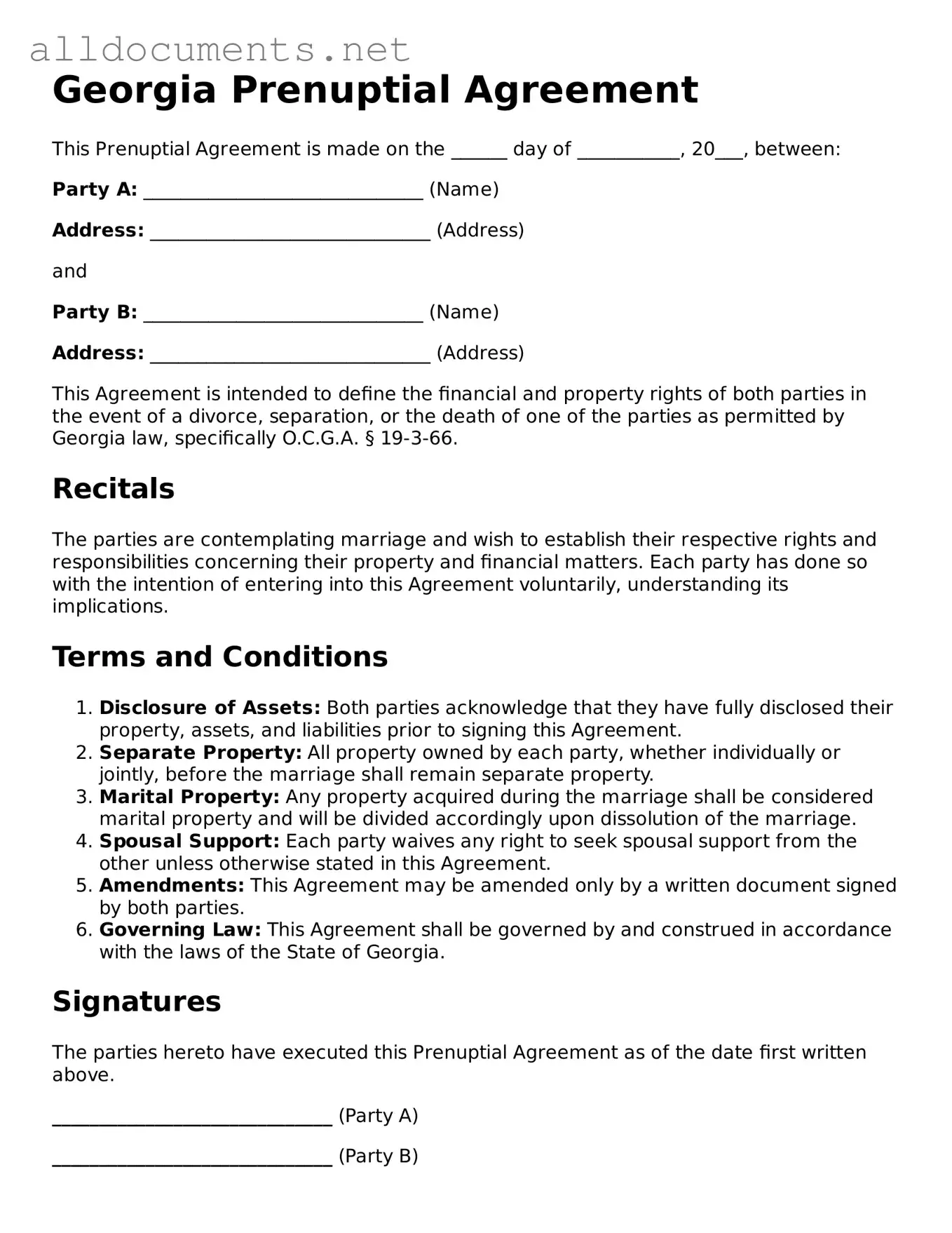 Official  Prenuptial Agreement Template for Georgia