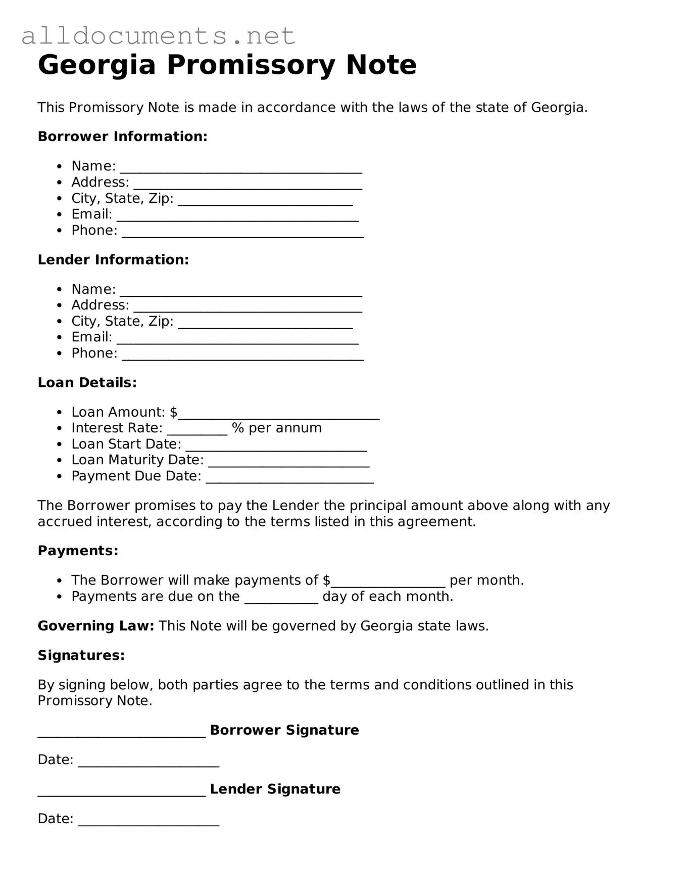 Official  Promissory Note Template for Georgia