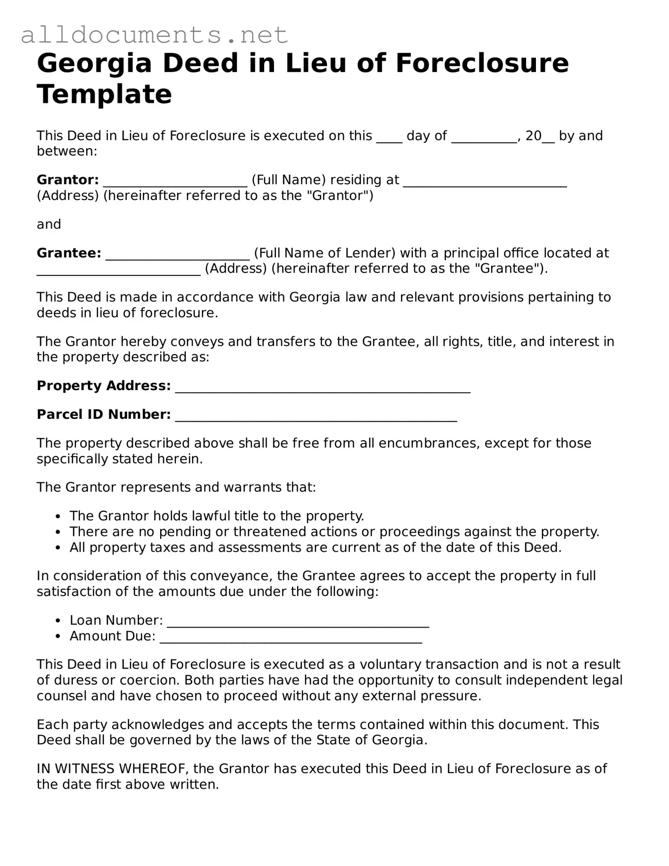 Official  Deed in Lieu of Foreclosure Template for Georgia