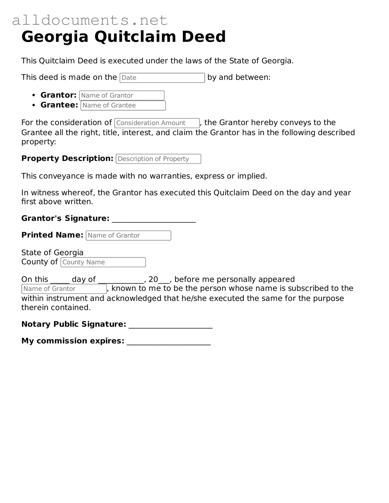 Official  Quitclaim Deed Template for Georgia