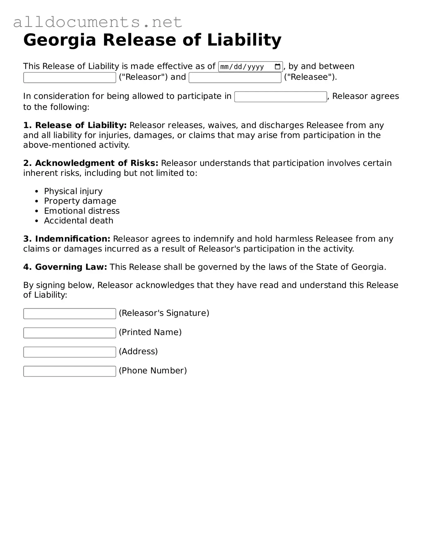 Official  Release of Liability Template for Georgia
