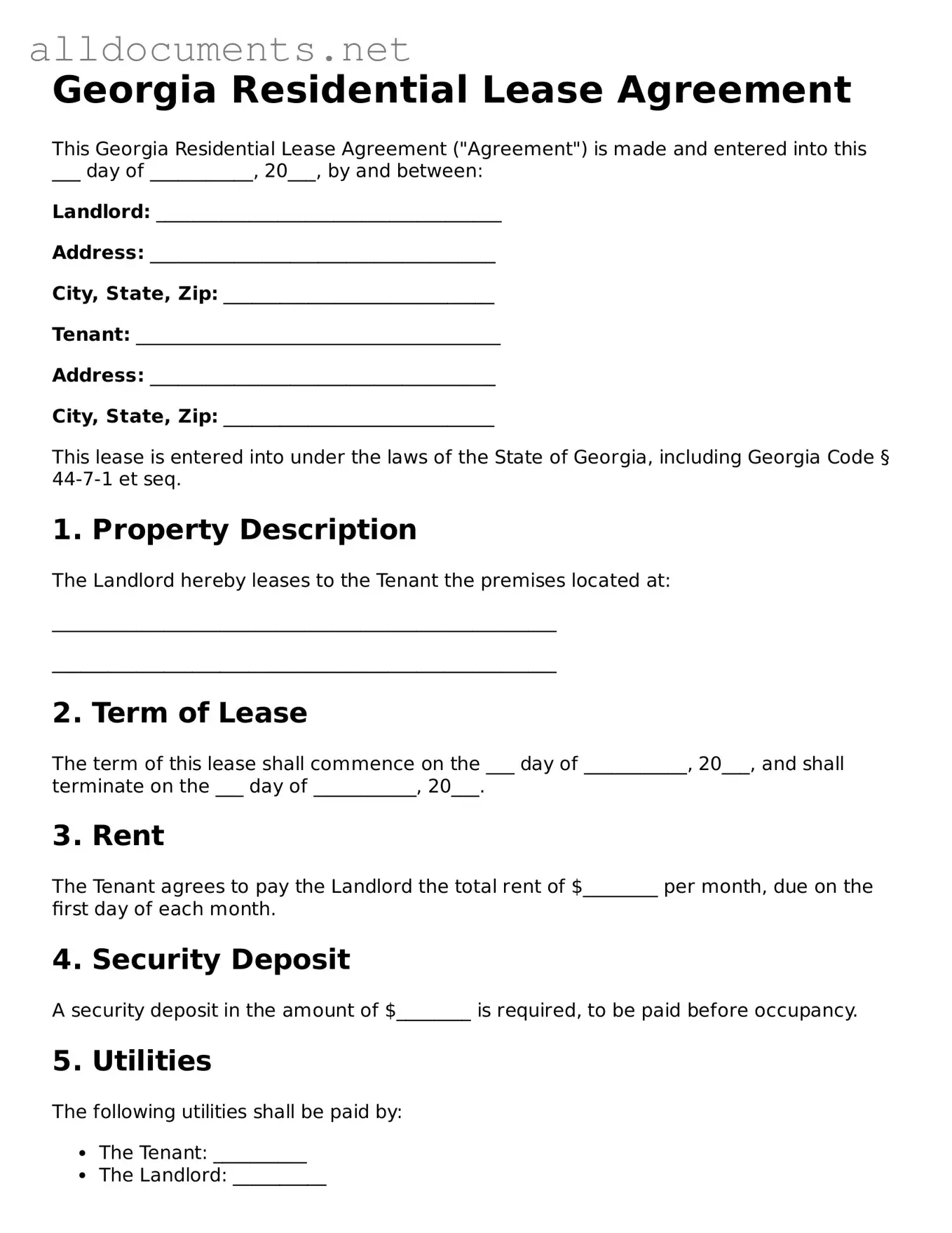 Official  Residential Lease Agreement Template for Georgia