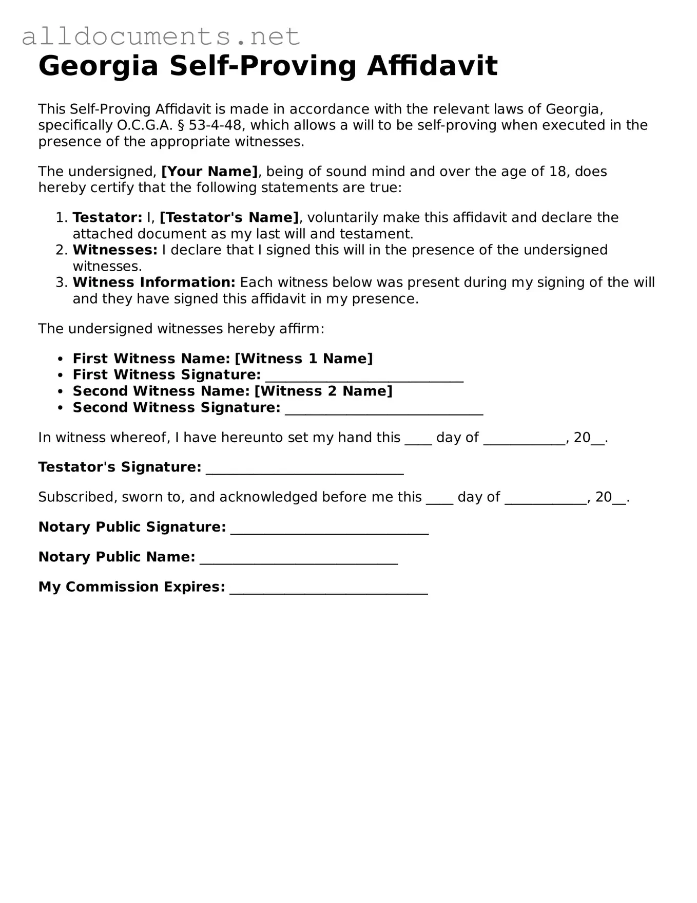 Official  Self-Proving Affidavit Template for Georgia