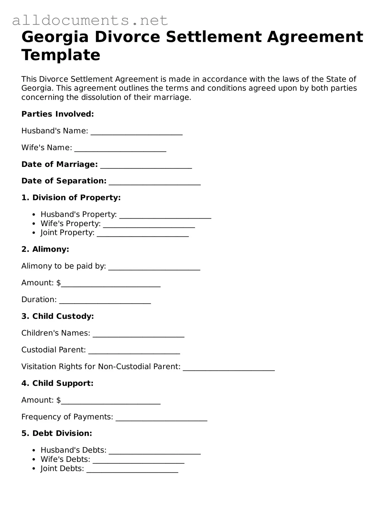 Official  Divorce Settlement Agreement Template for Georgia