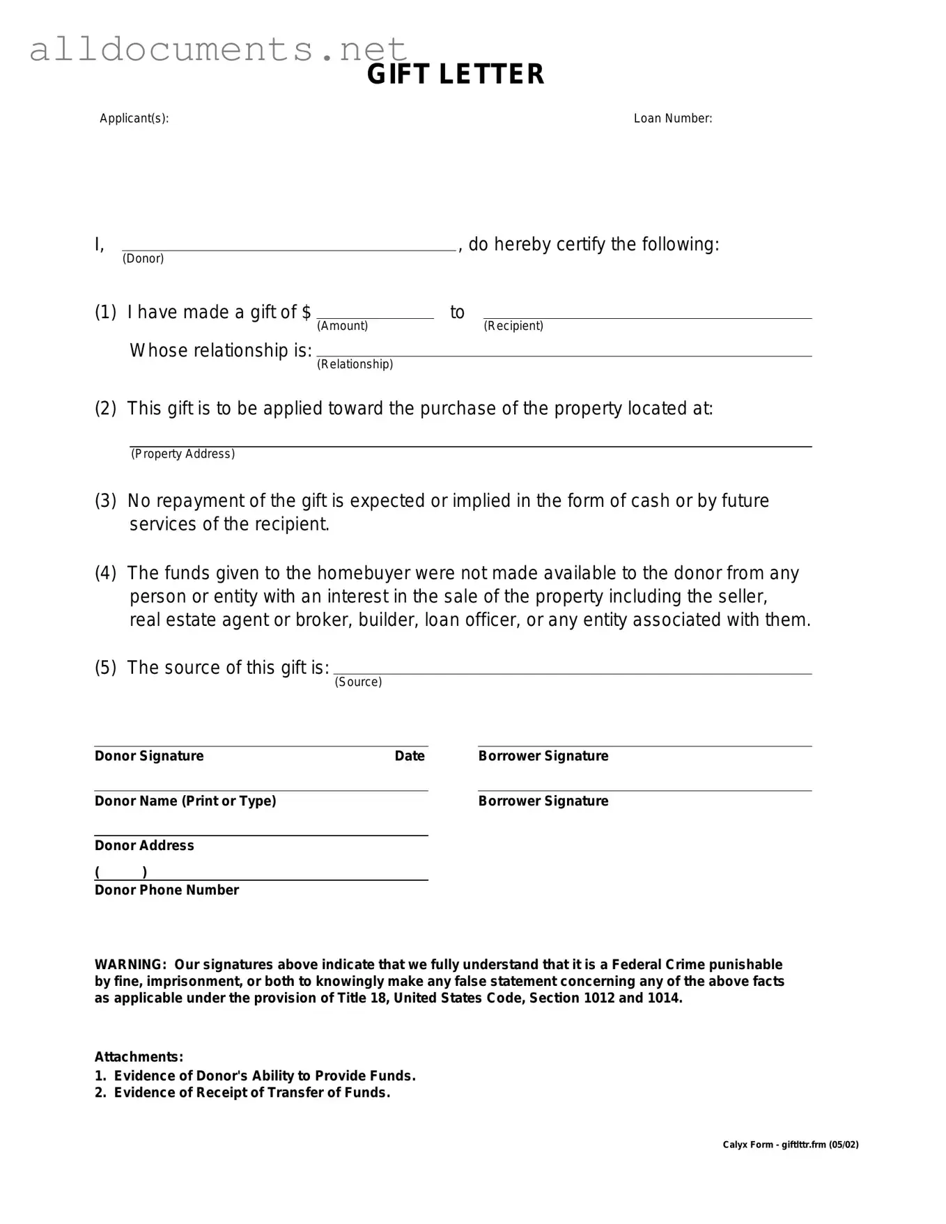 Fillable Gift Letter Template in PDF