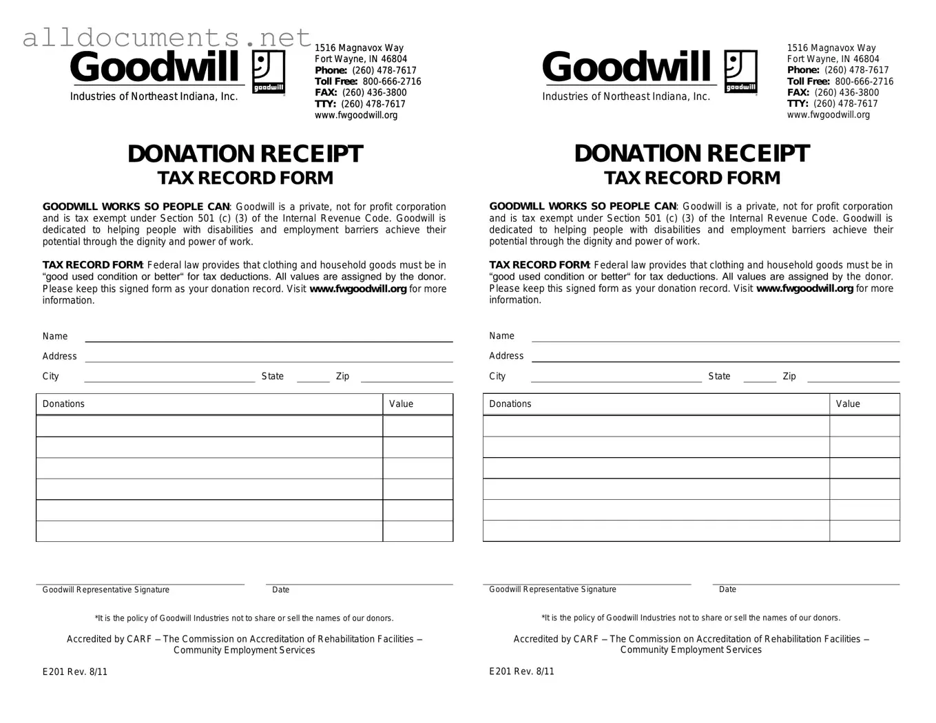 Fillable Goodwill donation receipt Template in PDF