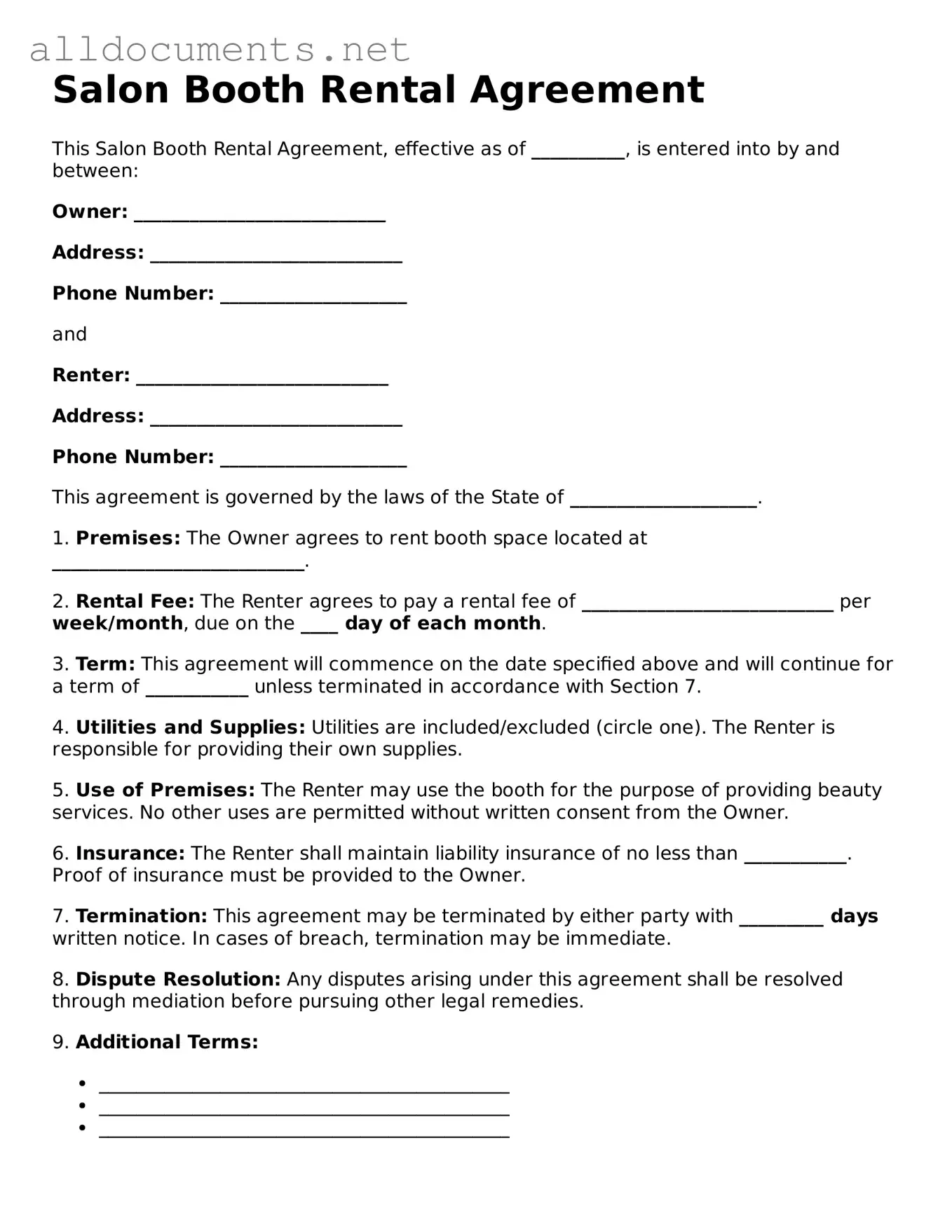 Free Salon Booth Rental Agreement Document