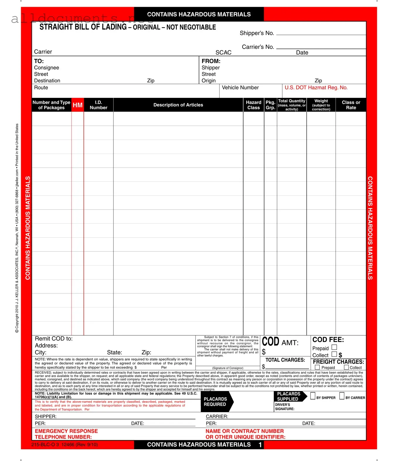 Fillable Hazard Bill Of Ladden Template in PDF