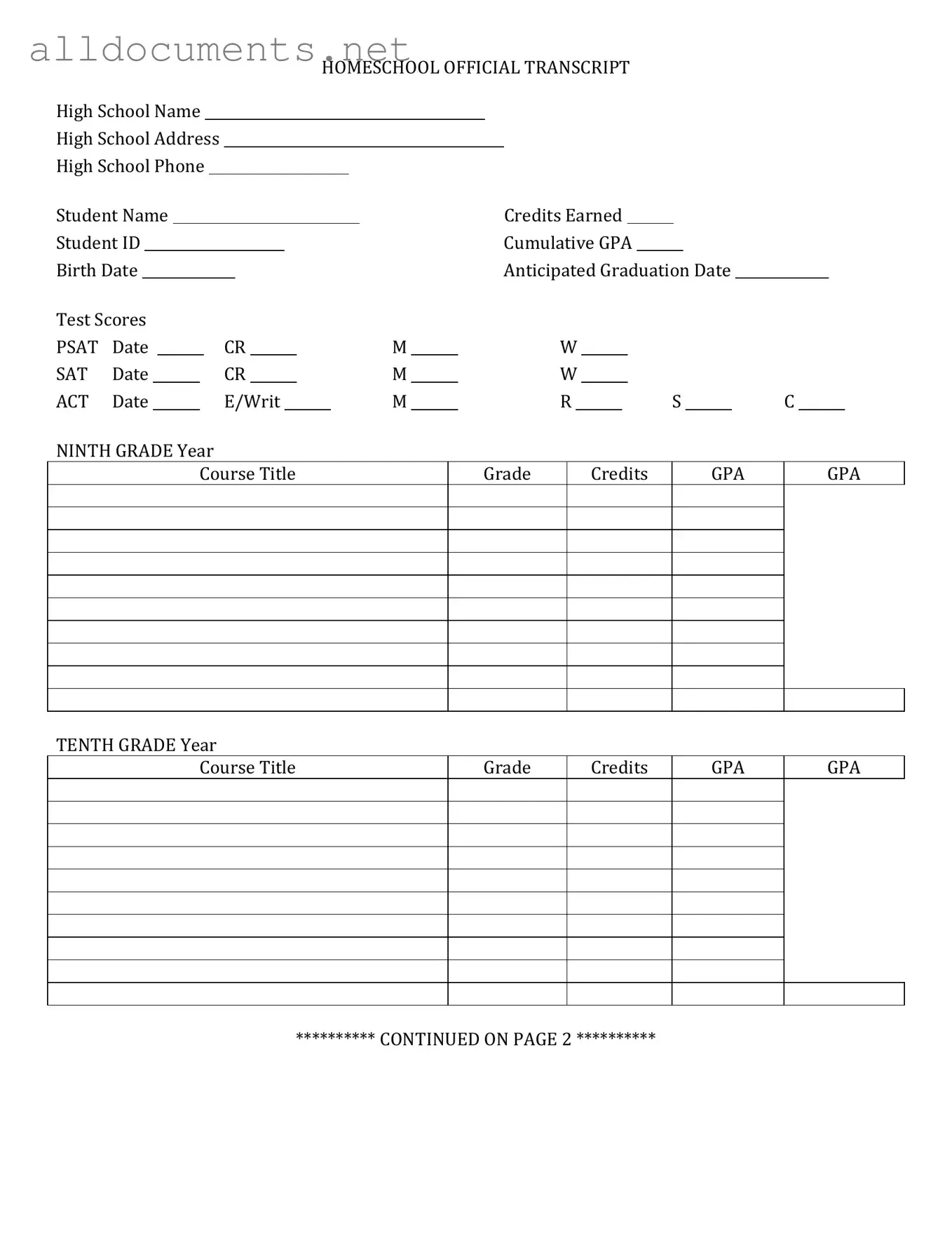 Fillable High School Transcript Template in PDF