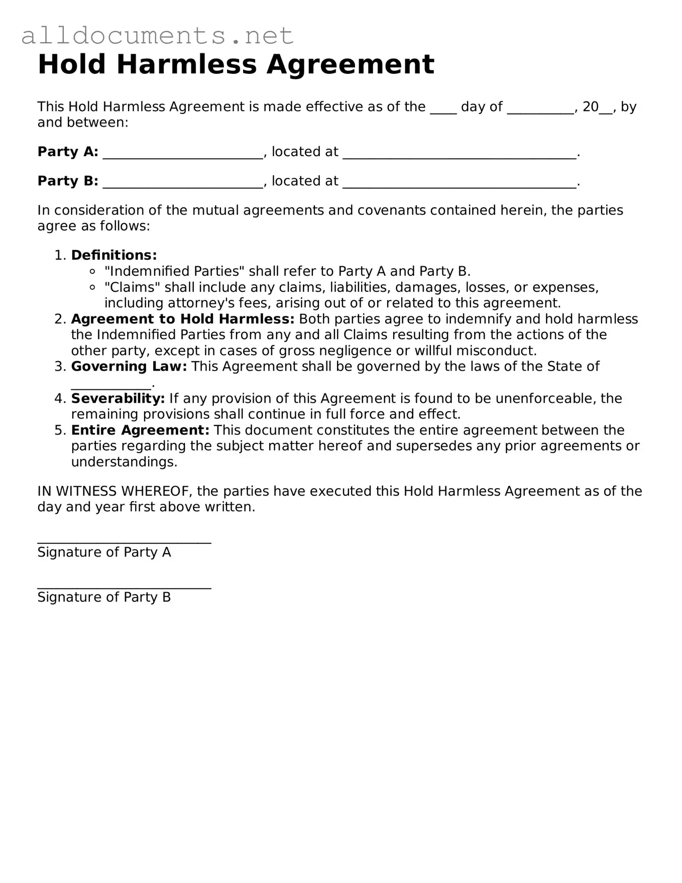 Free Hold Harmless Agreement Document
