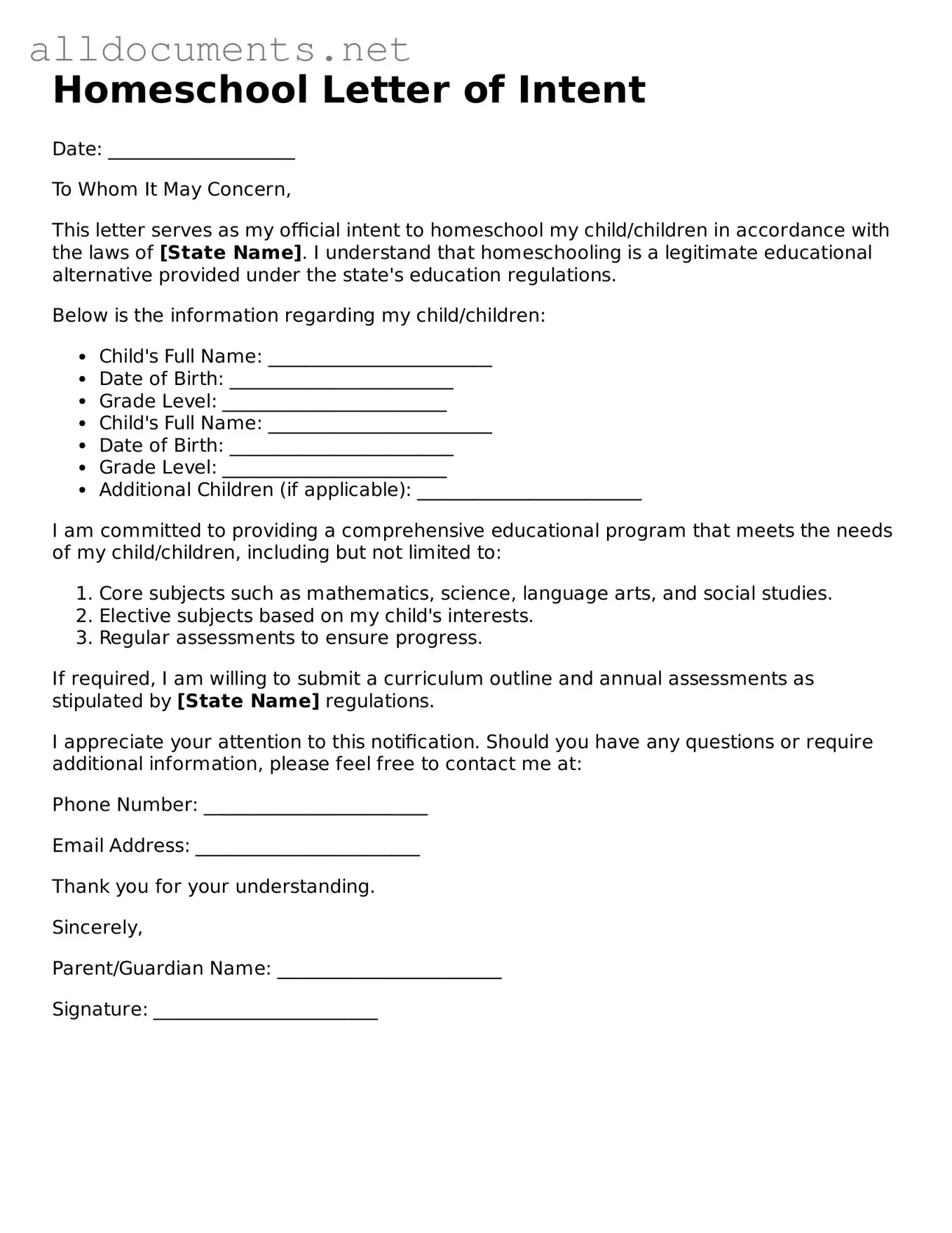 Free Homeschool Letter of Intent Document