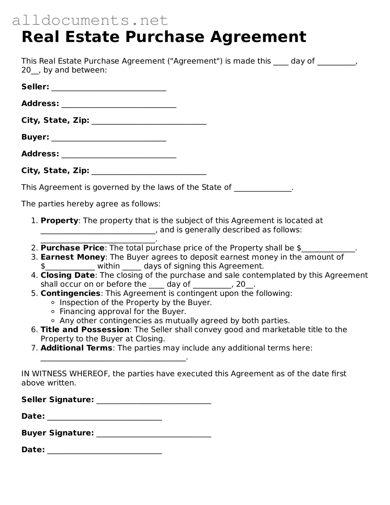 Free Real Estate Purchase Agreement Document