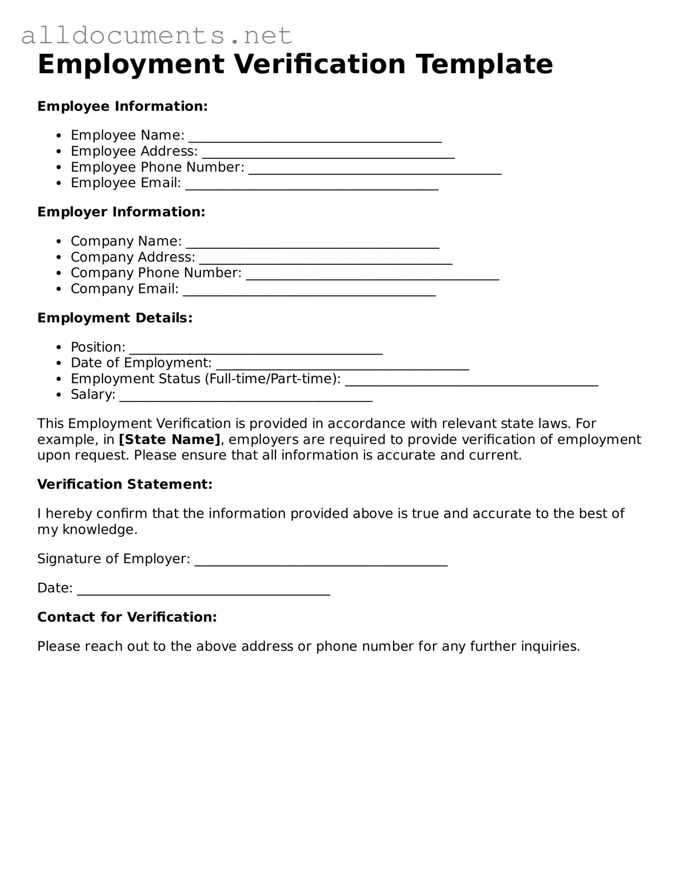 Free Employment Verification Document