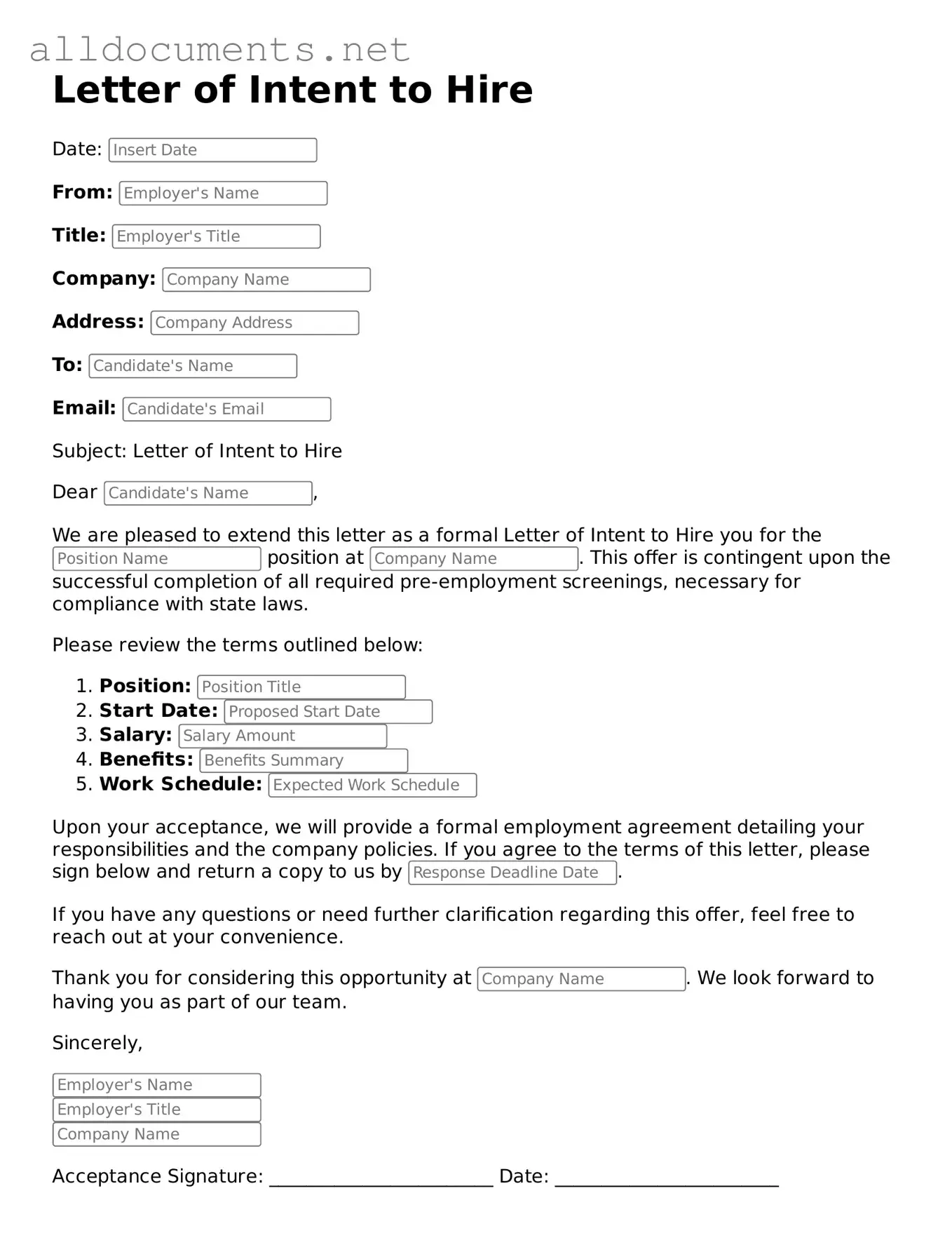Free Letter of Intent to Hire Document