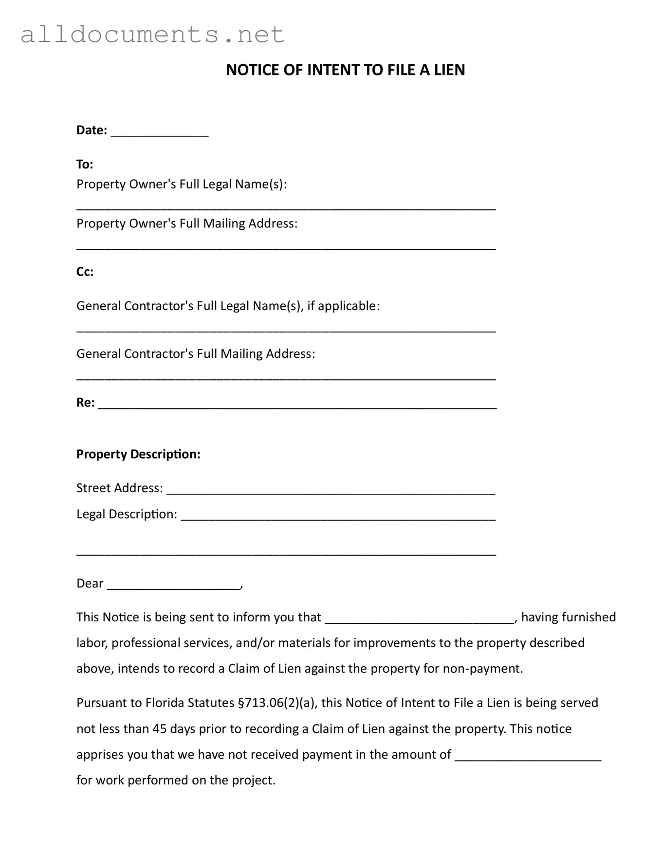 Fillable Intent To Lien Florida Template in PDF