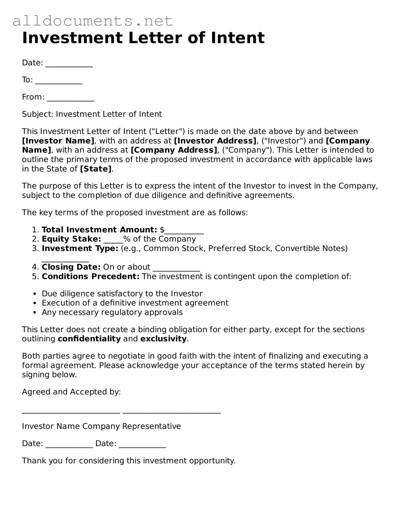 Free Investment Letter of Intent Document