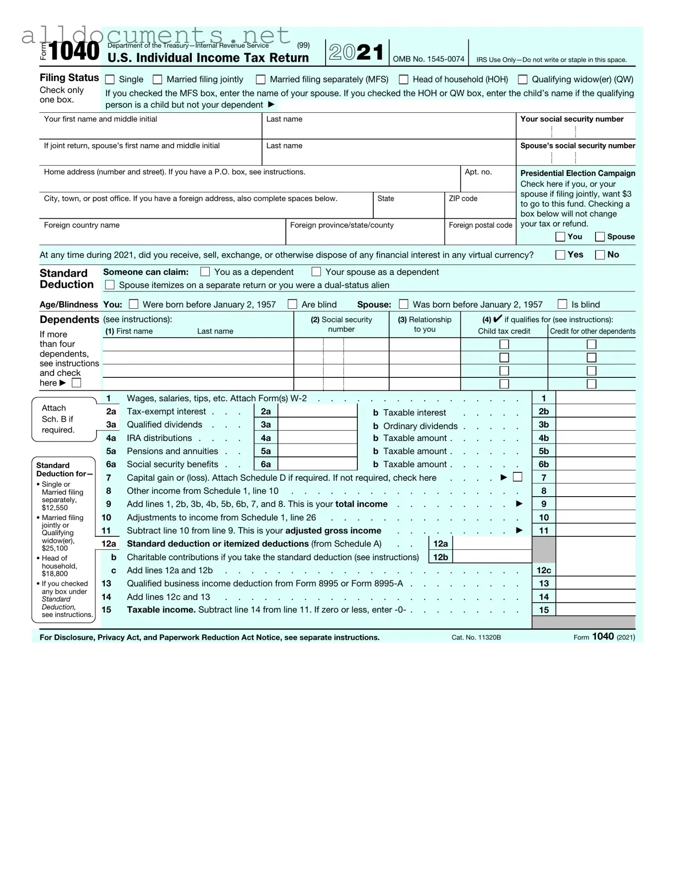 Fillable IRS 1040 Template in PDF