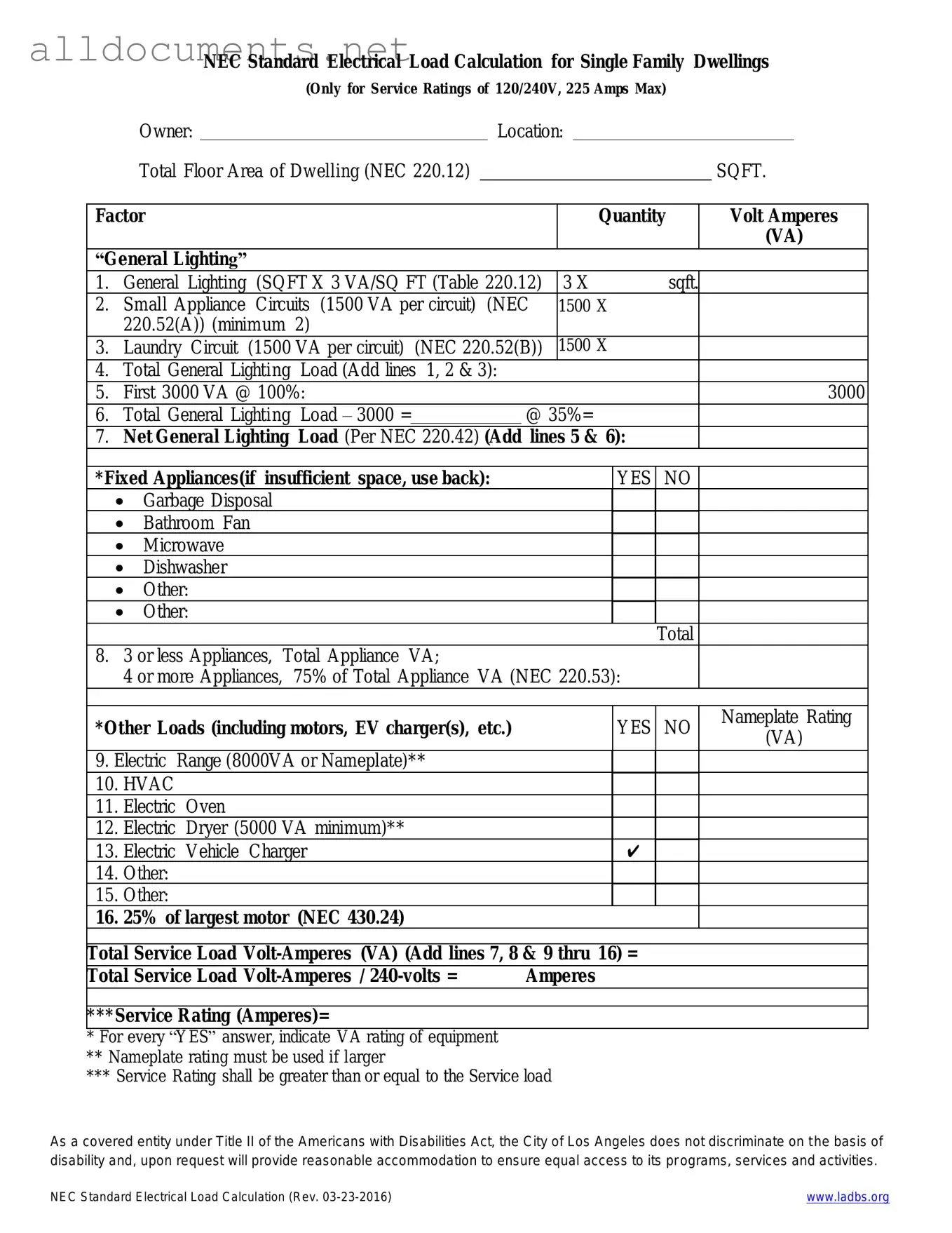 Fillable LADBS NEC Standard Electrical Load Calculation Template in PDF