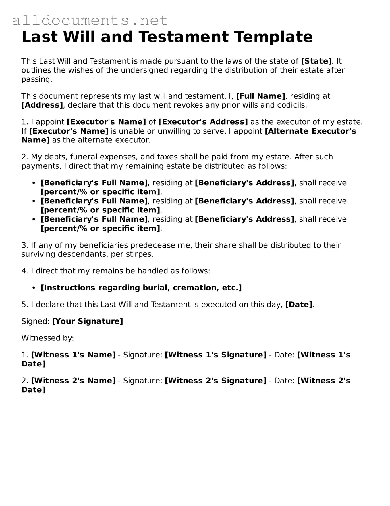 Free Last Will and Testament Document