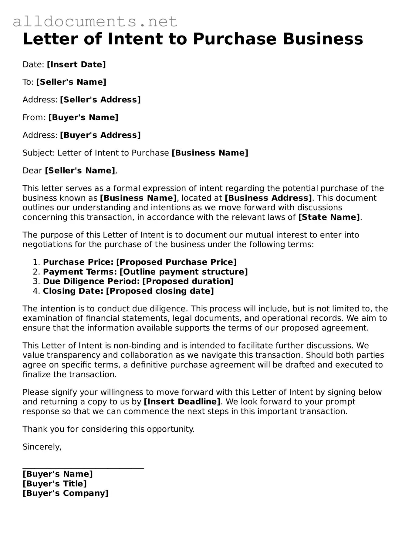 Free Letter of Intent to Purchase Business Document
