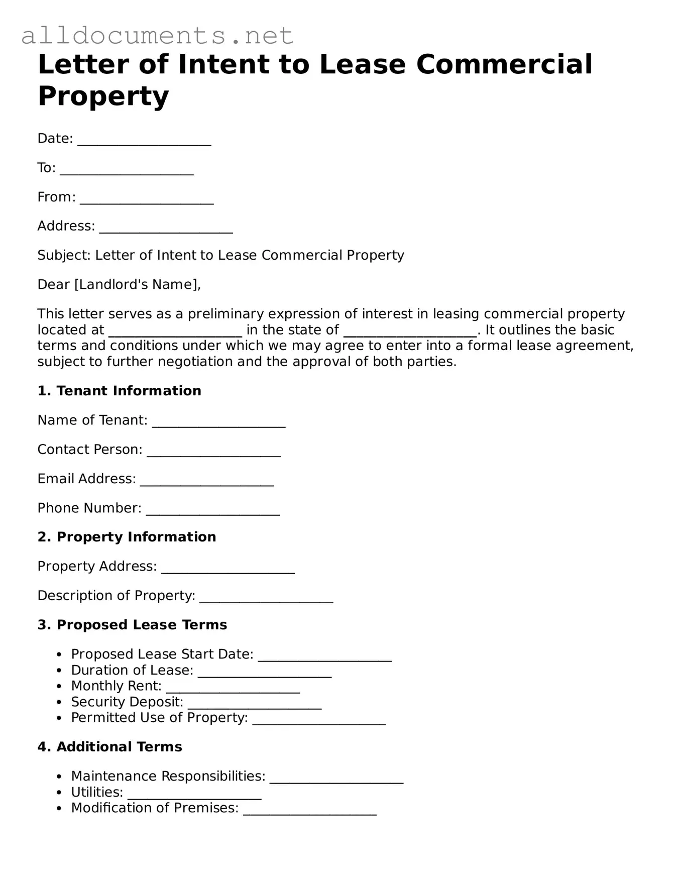 Free Letter of Intent to Lease Commercial Property Document
