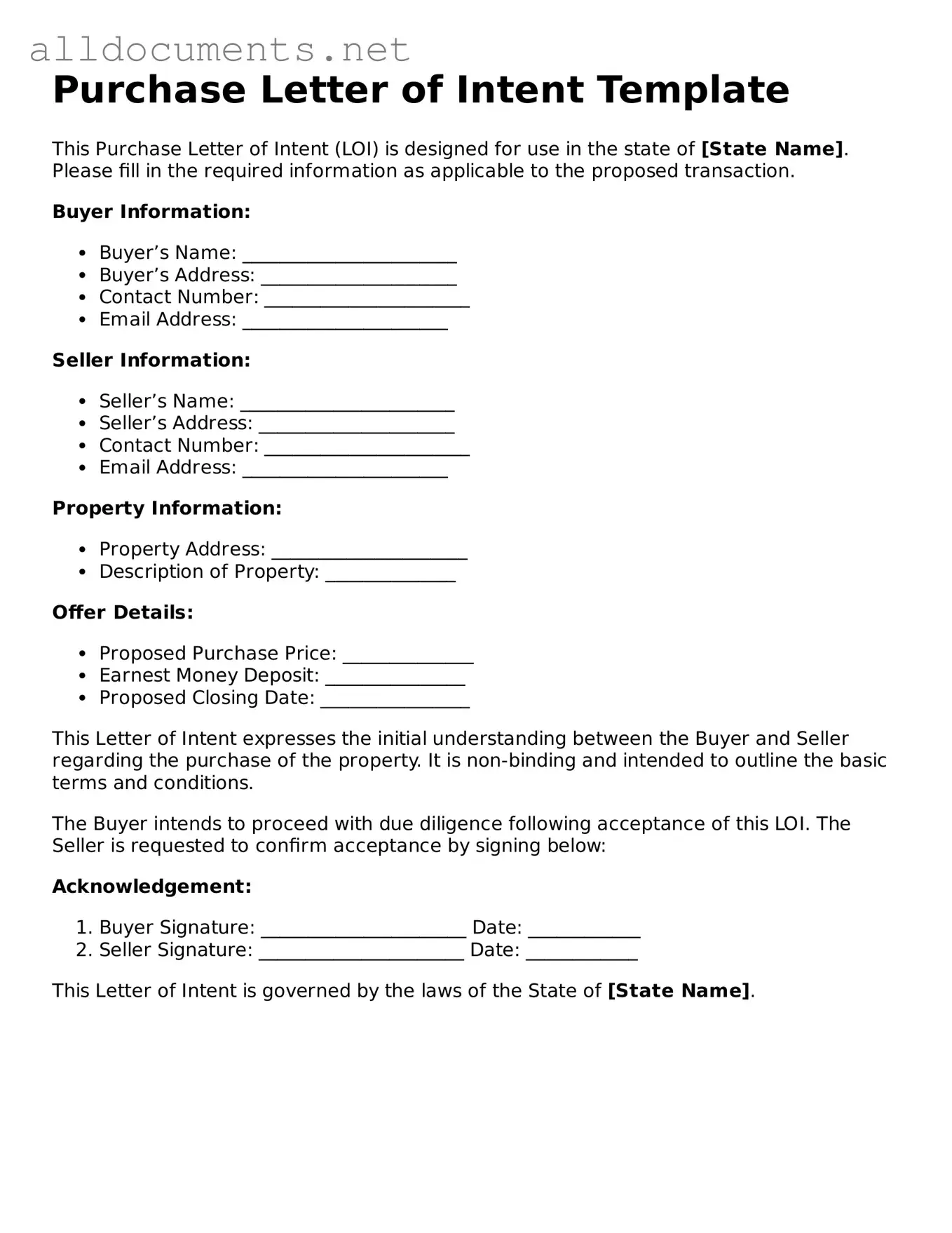 Free Purchase Letter of Intent Document