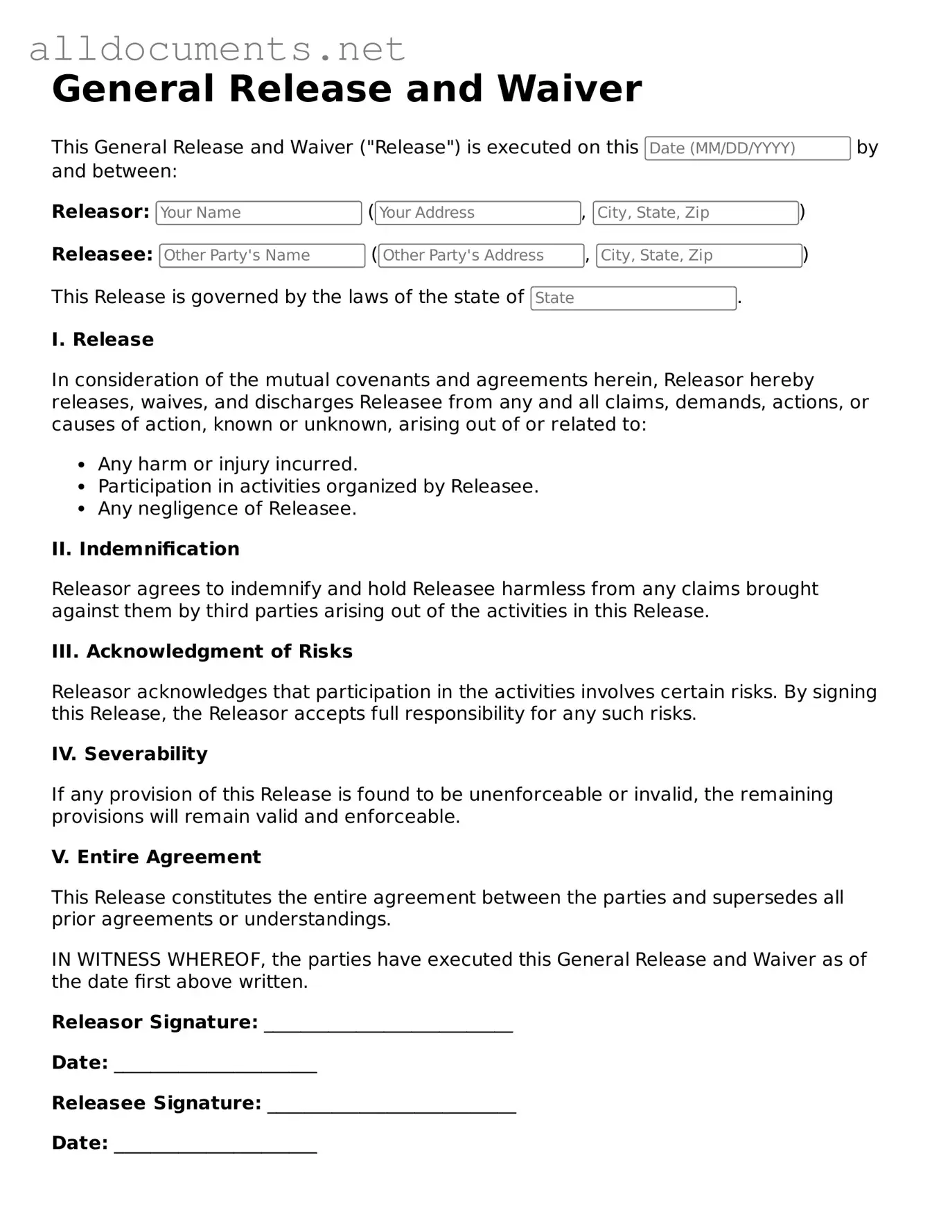 Free General Release and Waiver Document
