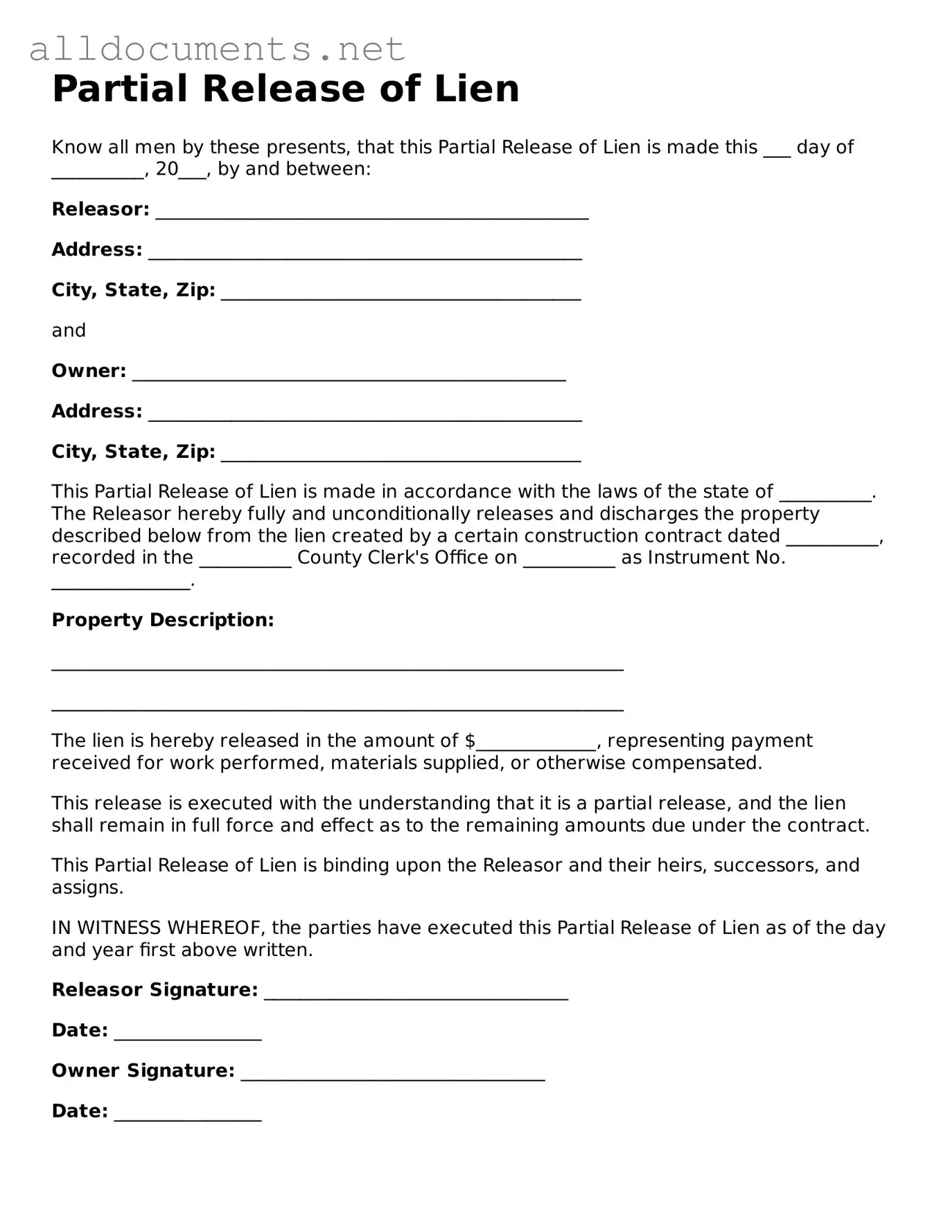 Free Partial Release of Lien Document