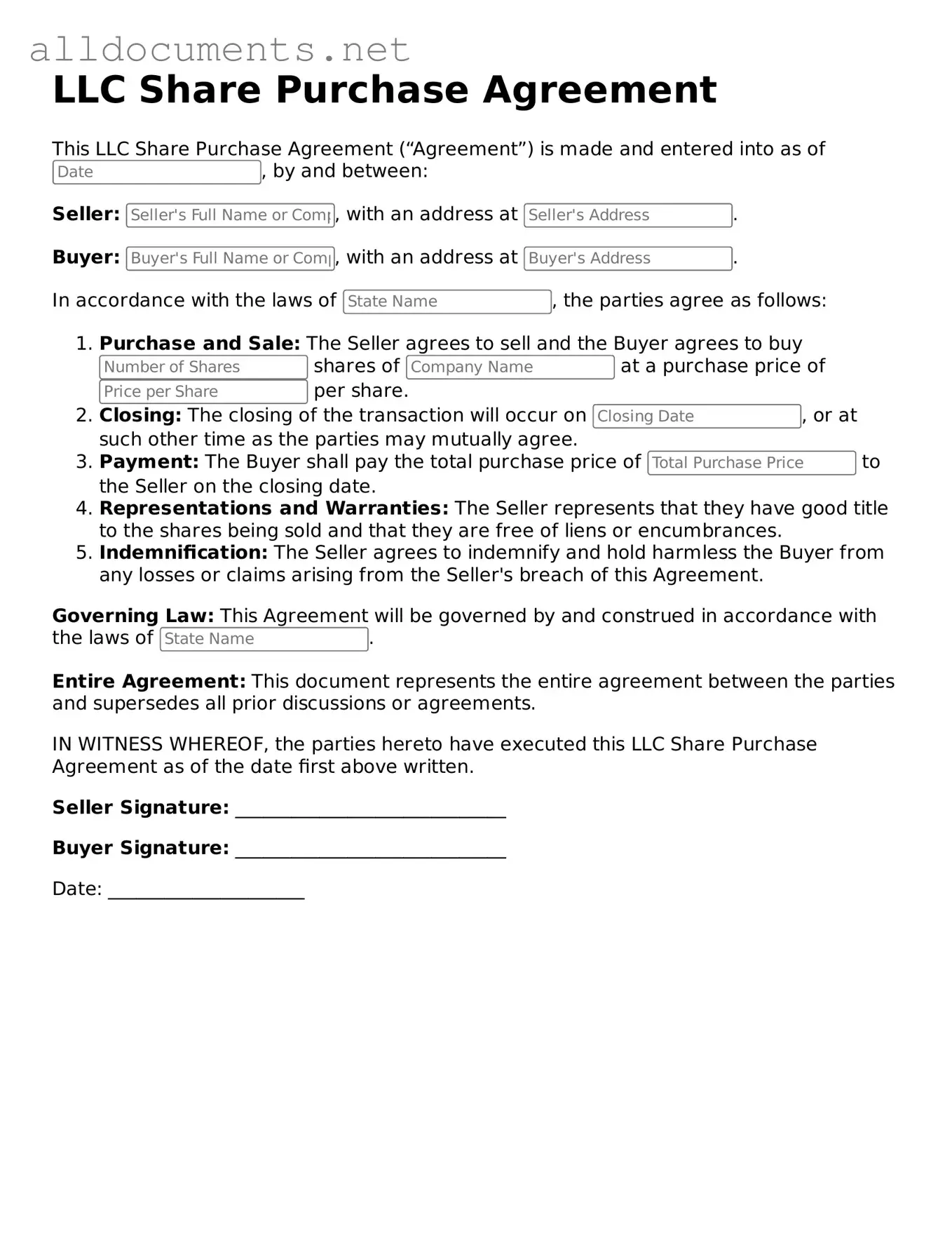 Free LLC Share Purchase Agreement Document
