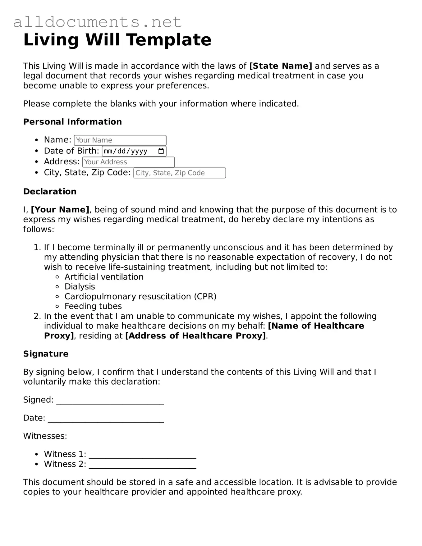 Free Living Will Document
