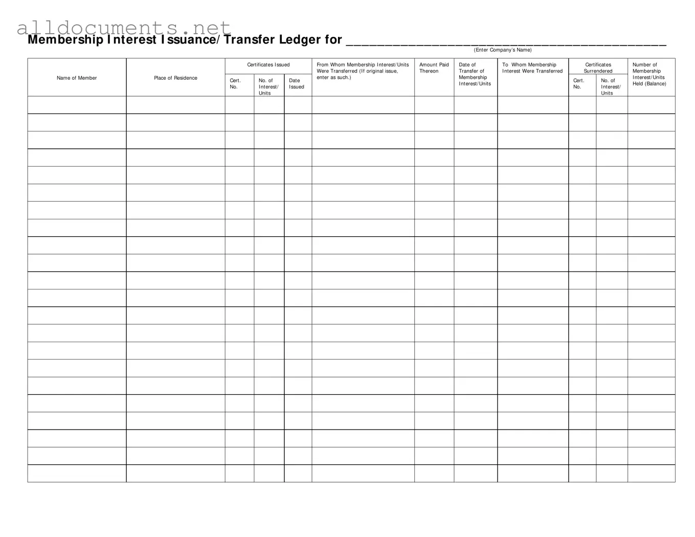 Fillable Membership Ledger Template in PDF