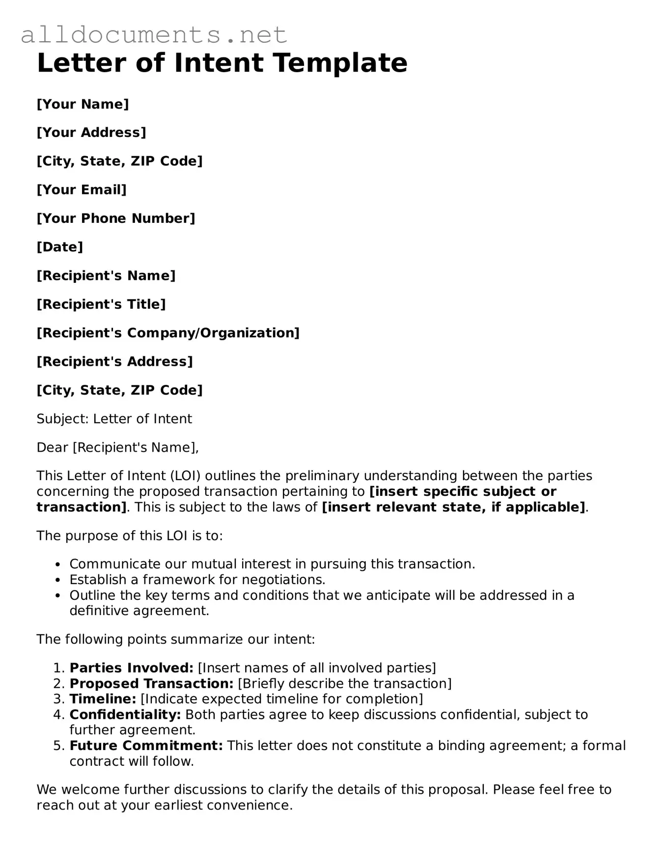 Free Letter of Intent Document