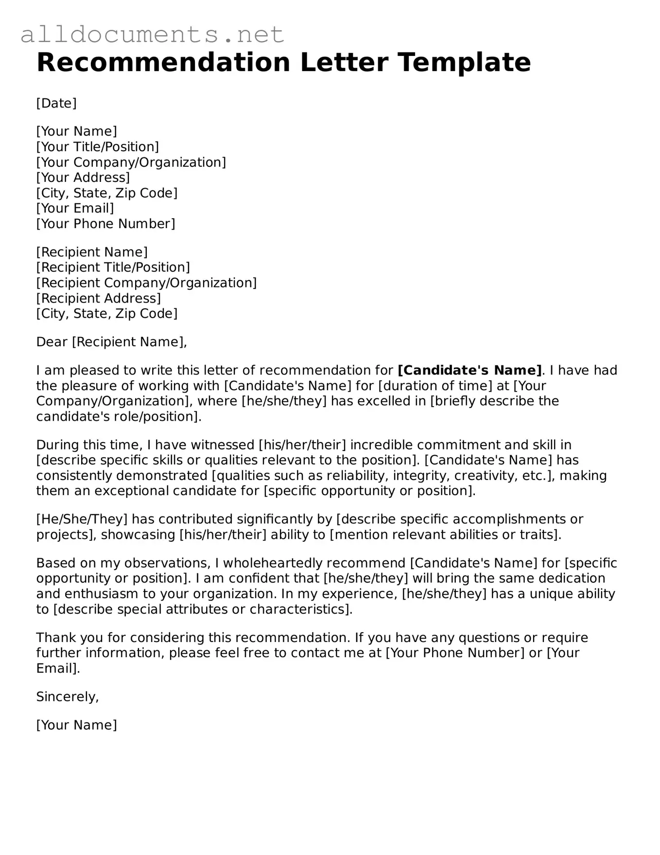 Free Recommendation Letter Document