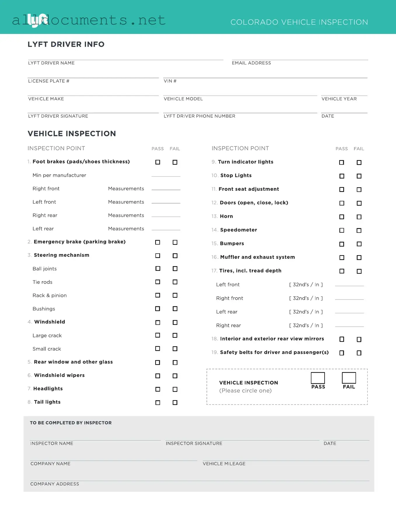 Fillable Lyft Inspection Template in PDF