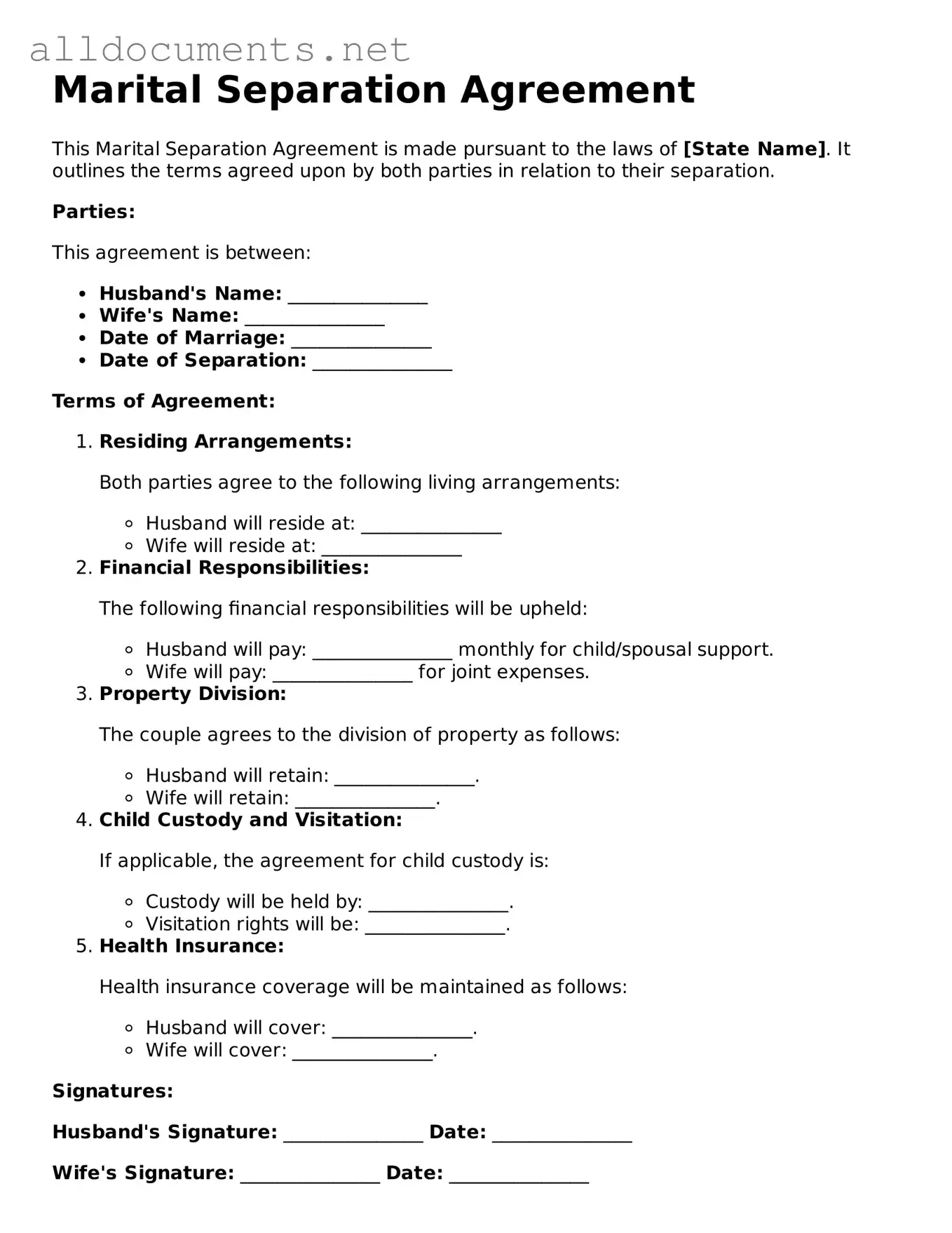 Free Marital Separation Agreement Document