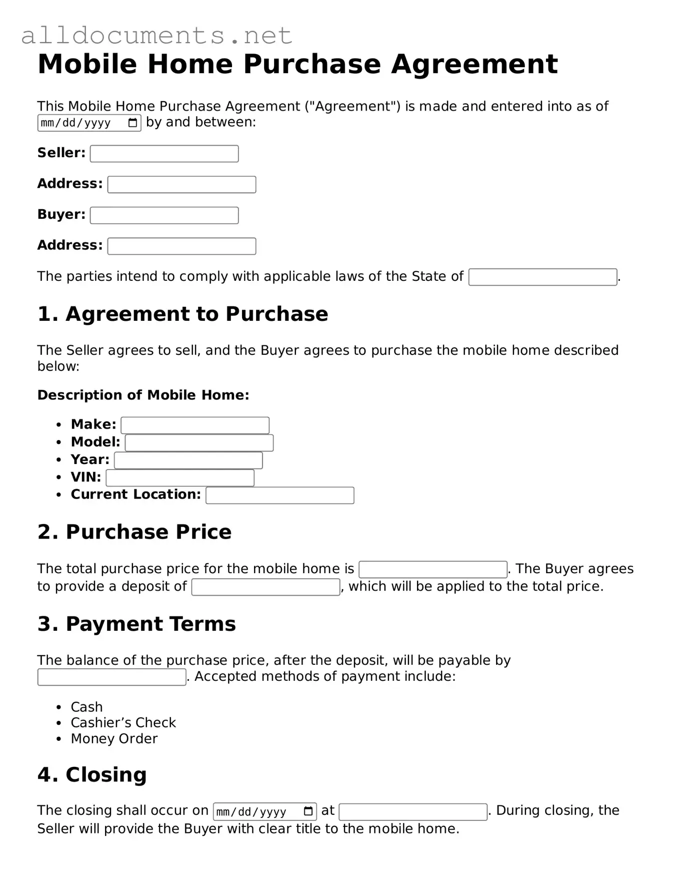 Free Mobile Home Purchase Agreement Document