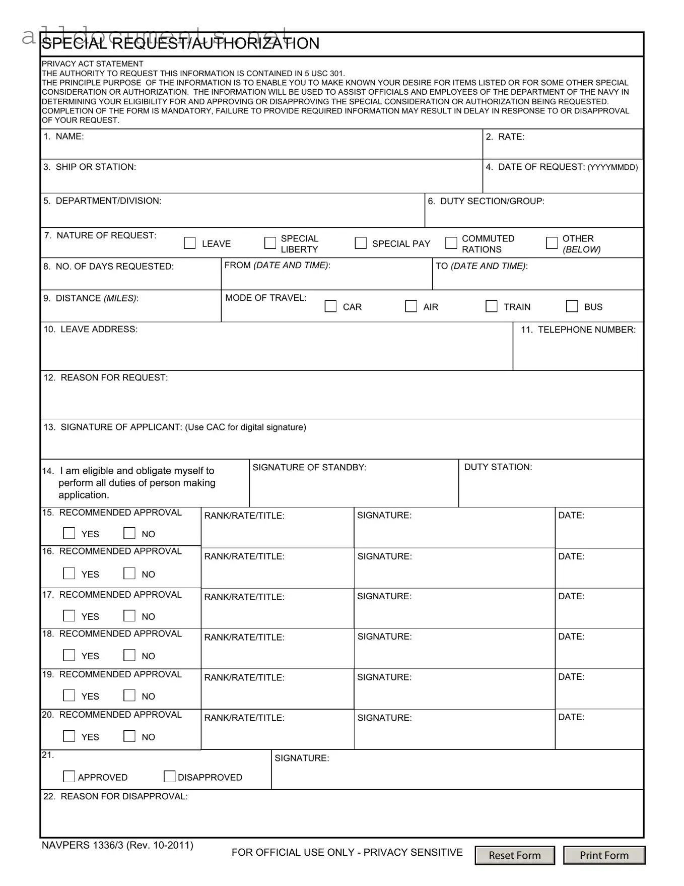 Fillable Navpers 1336 3 Template in PDF